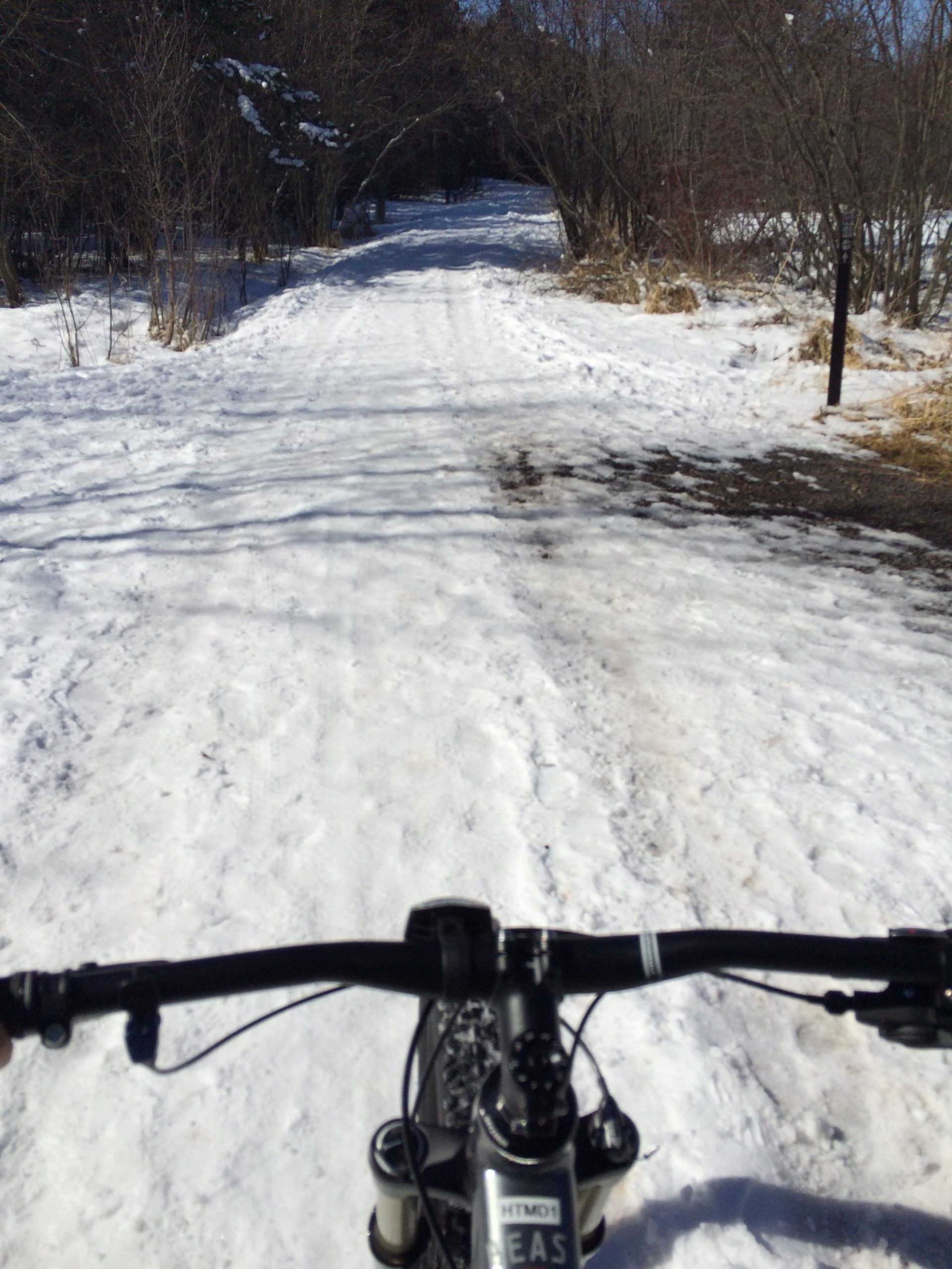 A view from the handlebars of a mountain bike riding on a snowy path surrounded by trees. The ground is covered in a layer of snow, with a narrow, partially cleared trail extending into the distance. Hartley Park mountain bike trail.