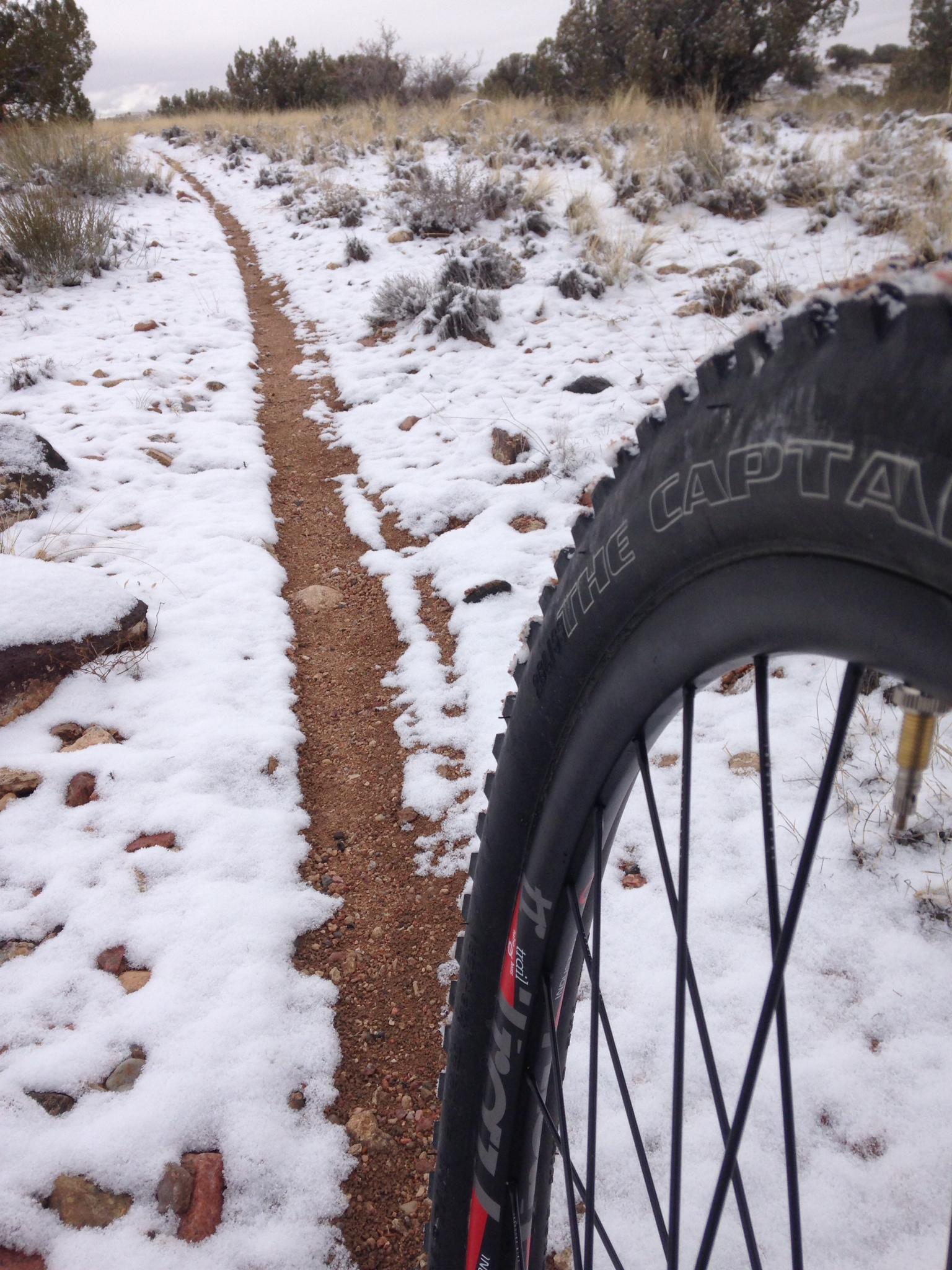 A close-up view of a bicycle tire in the foreground, with a dirt trail leading into a snowy landscape. The path is lined with patches of snow and scattered rocks, surrounded by sparse vegetation and trees on either side. The sky is overcast, suggesting a chilly environment. Parkway Fatbike trail mountain bike trail.