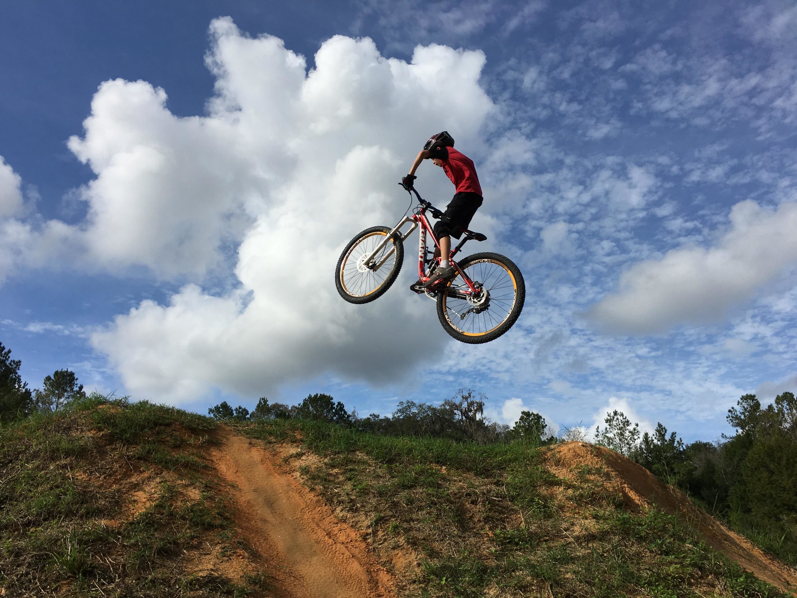 A mountain biker in a red shirt performs a jump over a dirt hill, soaring through the air with blue skies and fluffy clouds in the background. The scene captures the exhilaration of the sport, surrounded by greenery. Santos mountain bike trail.
