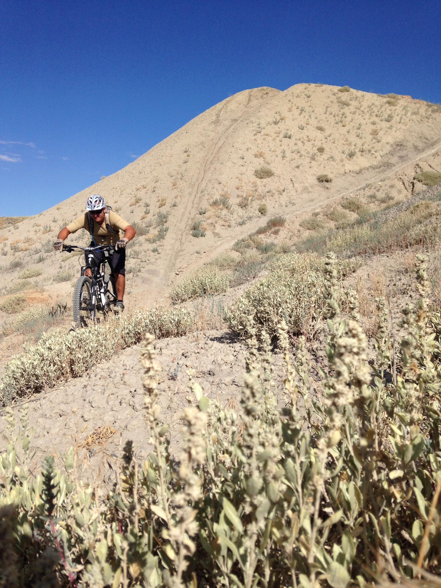 A mountain biker navigates a sandy trail surrounded by sparse vegetation and a clear blue sky. The cyclist is focused on climbing a steep incline, showcasing the challenging terrain of the area. 18 Road Trails / North Fruita Desert mountain bike trail.