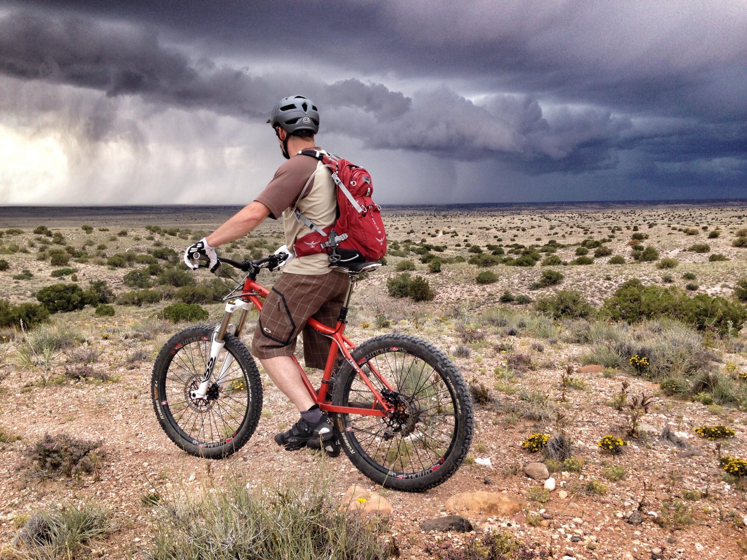 A mountain biker stands on a rocky trail, overlooking a vast landscape dotted with shrubs and grass. Dark storm clouds loom overhead, hinting at impending rain in the distance. The biker, wearing a helmet and a backpack, appears to be enjoying the scenic view, with a rugged mountain bike beside him.