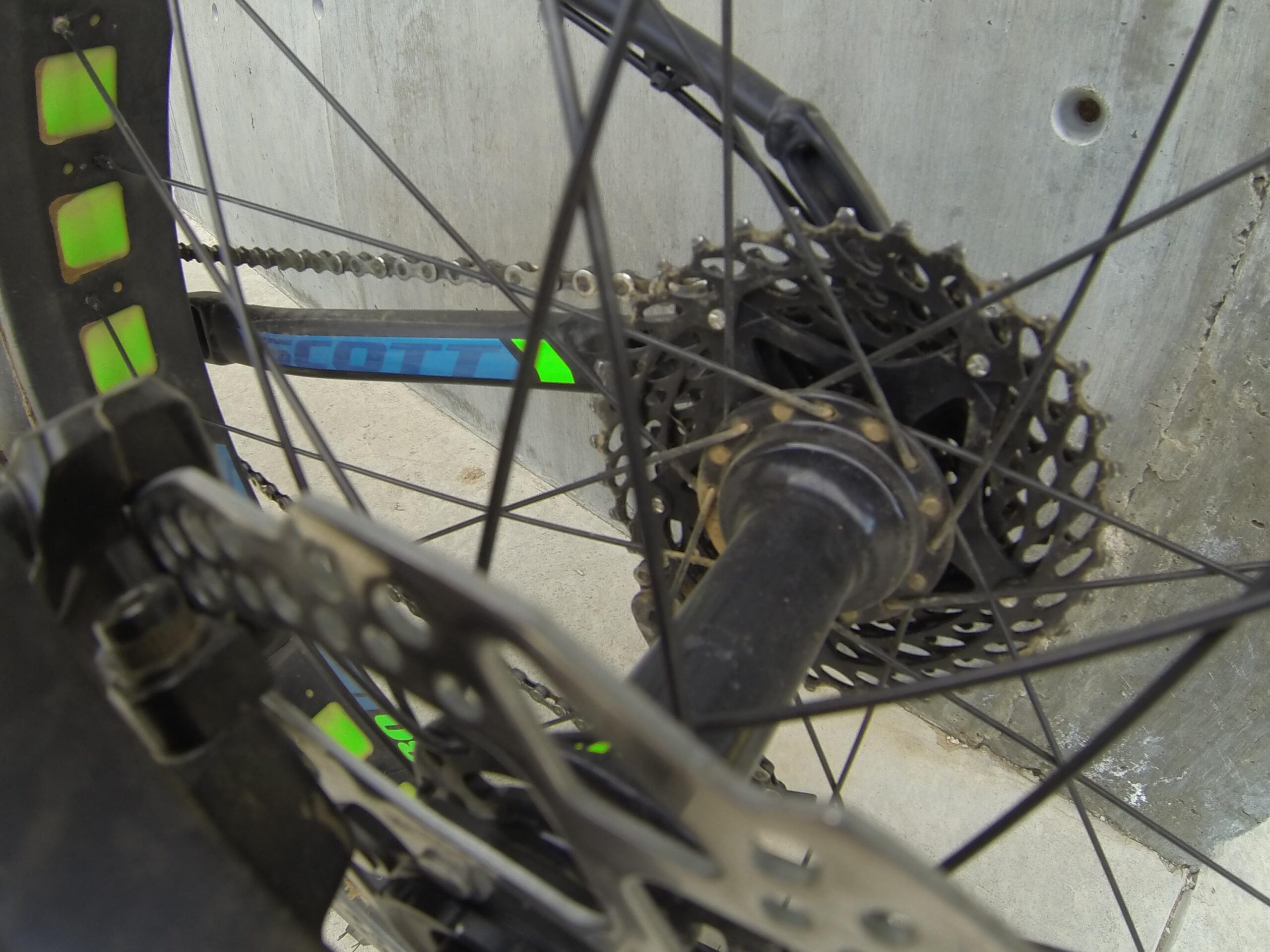 Scott Big Ed: A close-up view of a bicycle's rear wheel, showcasing the chain, sprocket, and brake components, with a concrete wall in the background. The bike frame features blue and green colors, and the image captures intricate details of the bike's mechanics.