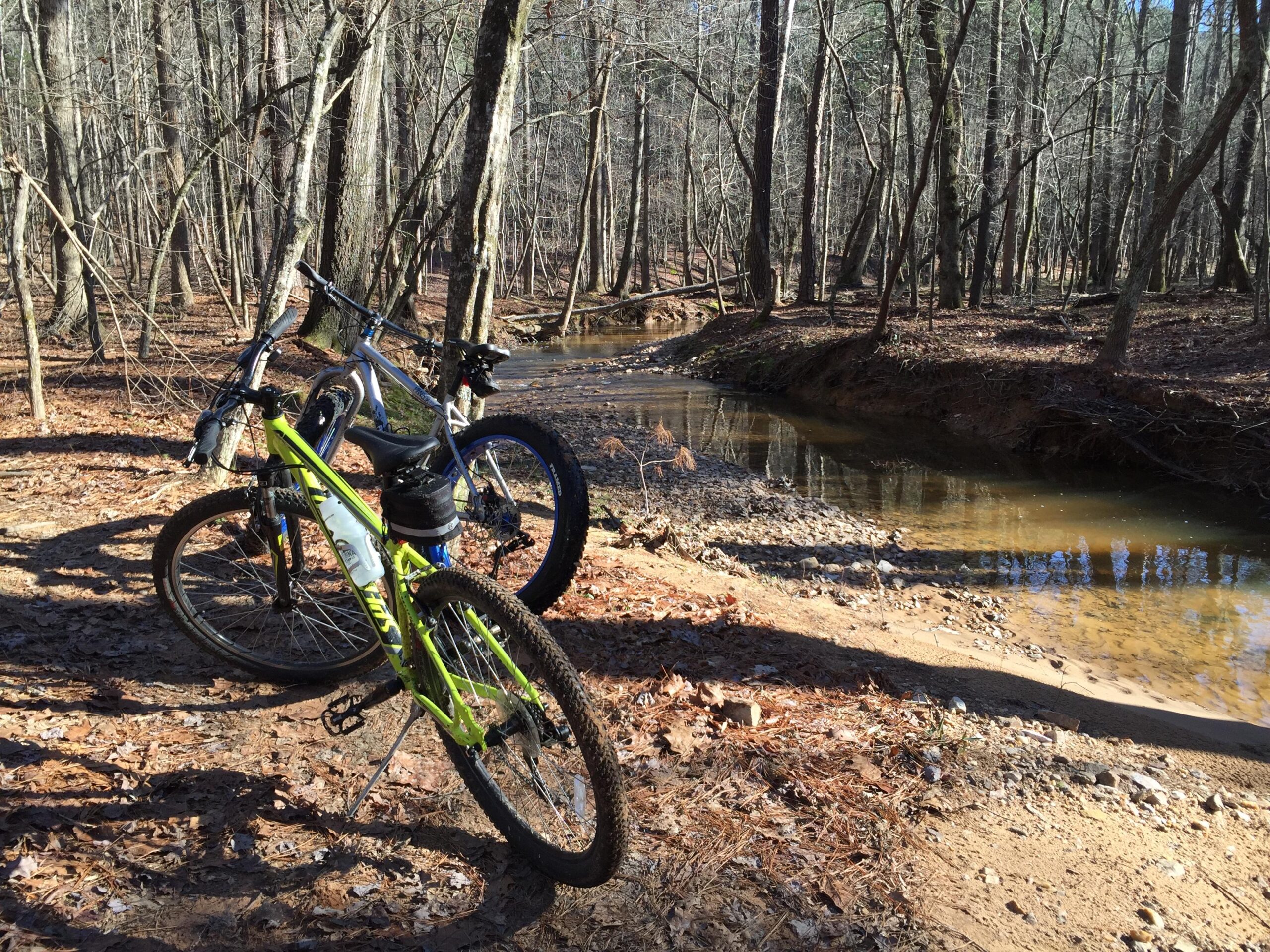 Two mountain bikes are parked near a small, clear creek in a wooded area. The ground is covered with fallen leaves, and trees with bare branches rise in the background, indicating a cool season. Sunlight filters through the trees, illuminating the scene. Lake Crabtree County Park mountain bike trail.