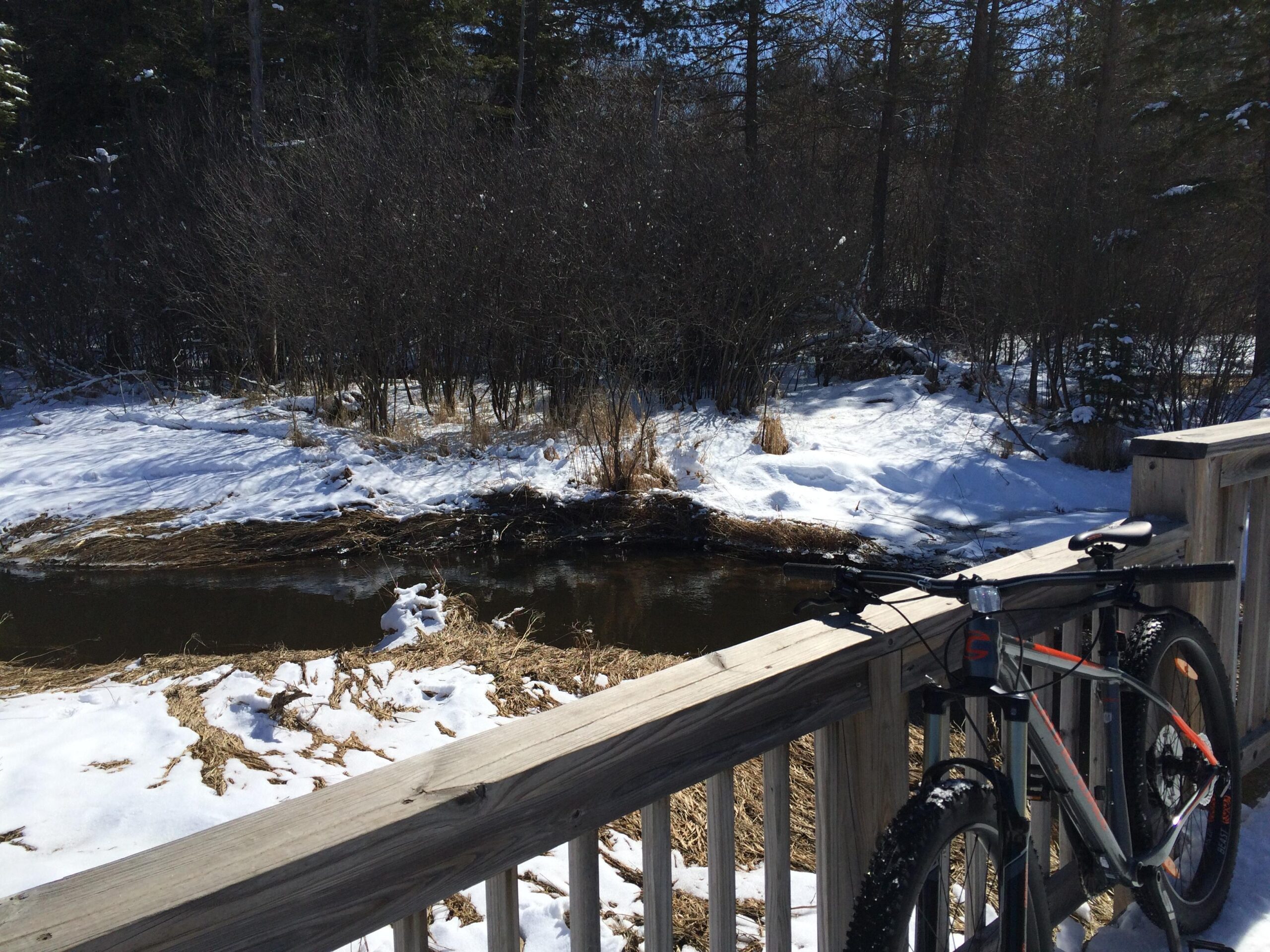 A mountain bike resting against a wooden railing, overlooking a snowy landscape with a small stream. In the background, bare bushes and patches of snow contrast with the dark water of the stream, under a clear blue sky. Hartley Park mountain bike trail.