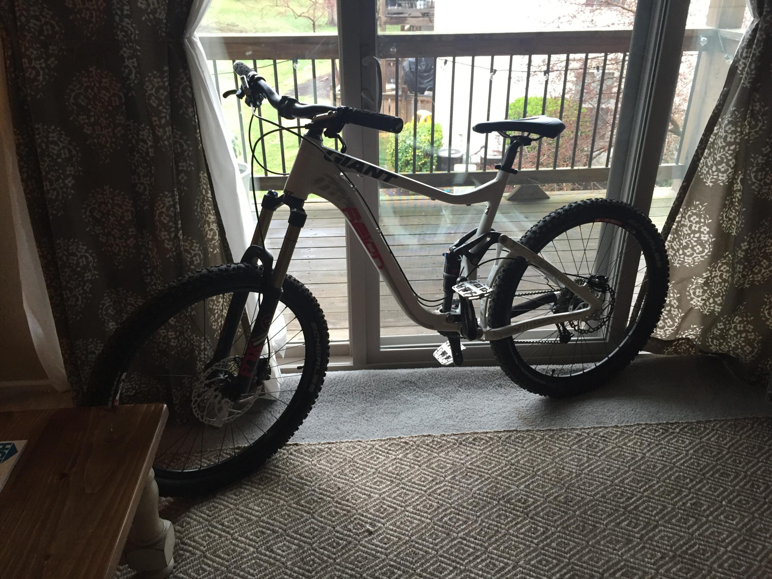 Giant Reign 2: A mountain bike is positioned indoors beside a large window, partially obscured by curtains. The bike has a white frame with visible suspension and thick, knobby tires. The backdrop features a wooden balcony with a glimpse of greenery outside, and a patterned rug is visible on the floor.