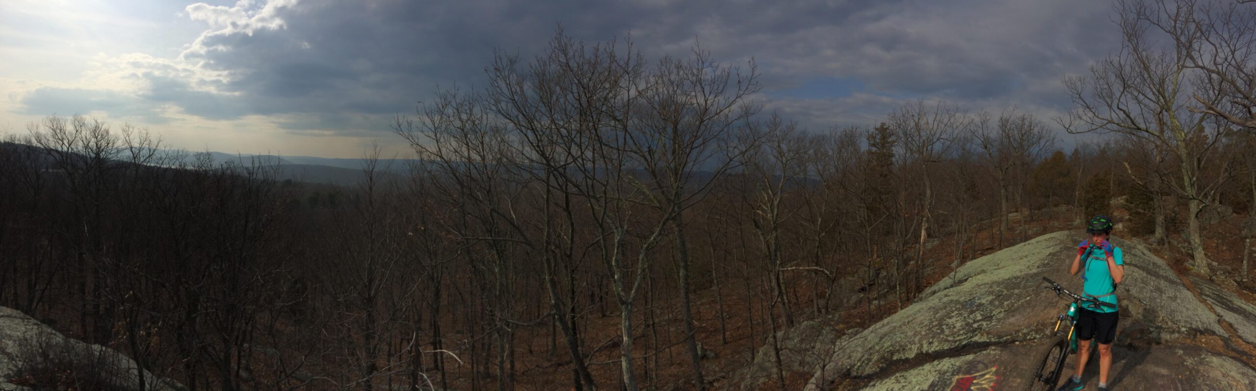 A person with a mountain bike stands on a rocky outcrop, overlooking a landscape of bare trees and distant mountains under a cloudy sky. The individual is wearing a helmet and gloves, dressed in a turquoise shirt and dark shorts. The scene captures the beauty of nature and the spirit of outdoor adventure. Ringwood Skylands Manor mountain bike trail.