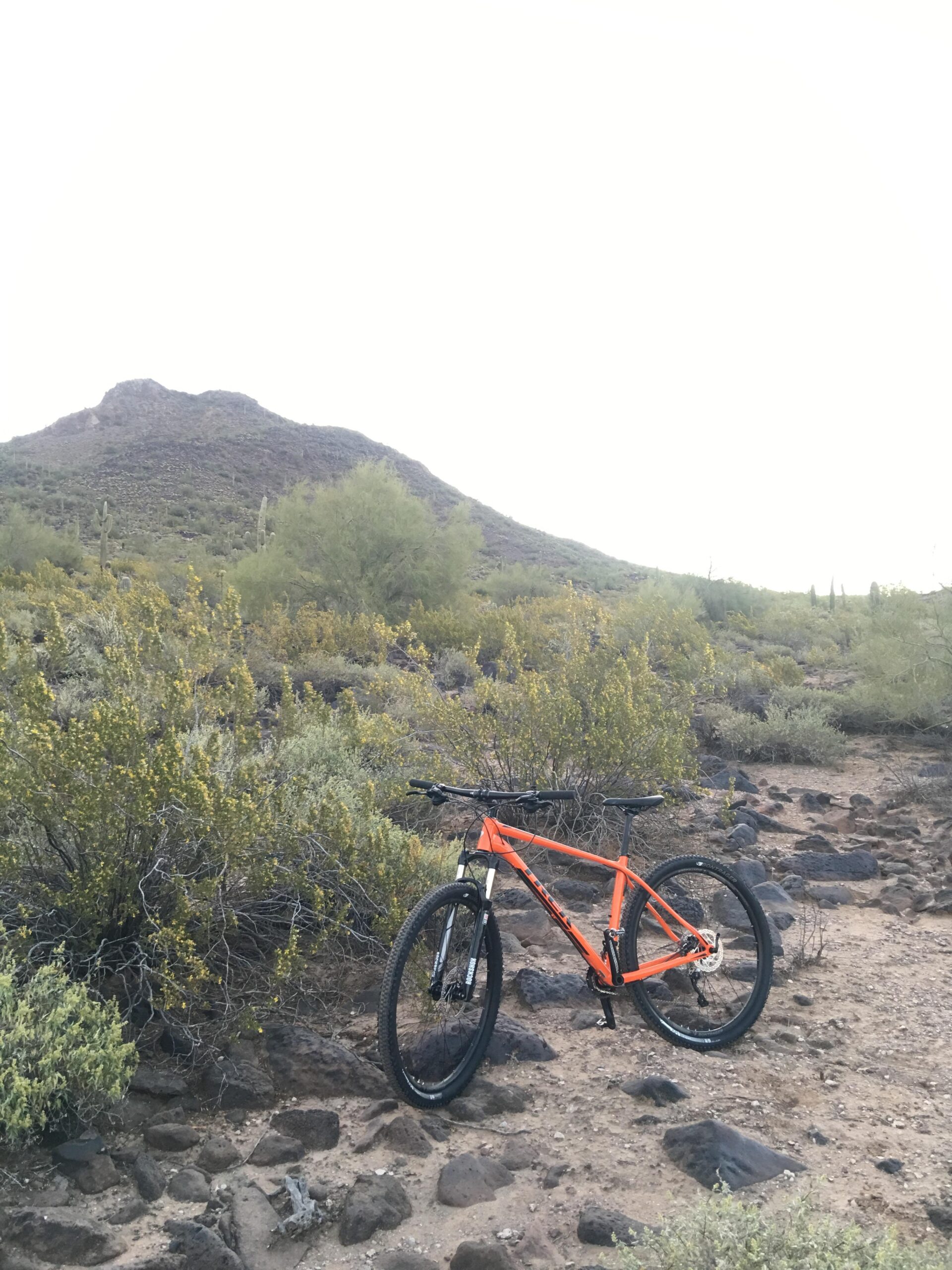 Trek Superfly 5: A vibrant orange mountain bike is leaning against a rocky trail surrounded by desert vegetation. In the background, a low, rugged mountain rises under a cloudy sky. The scene captures the essence of outdoor adventure and exploration in a natural setting.