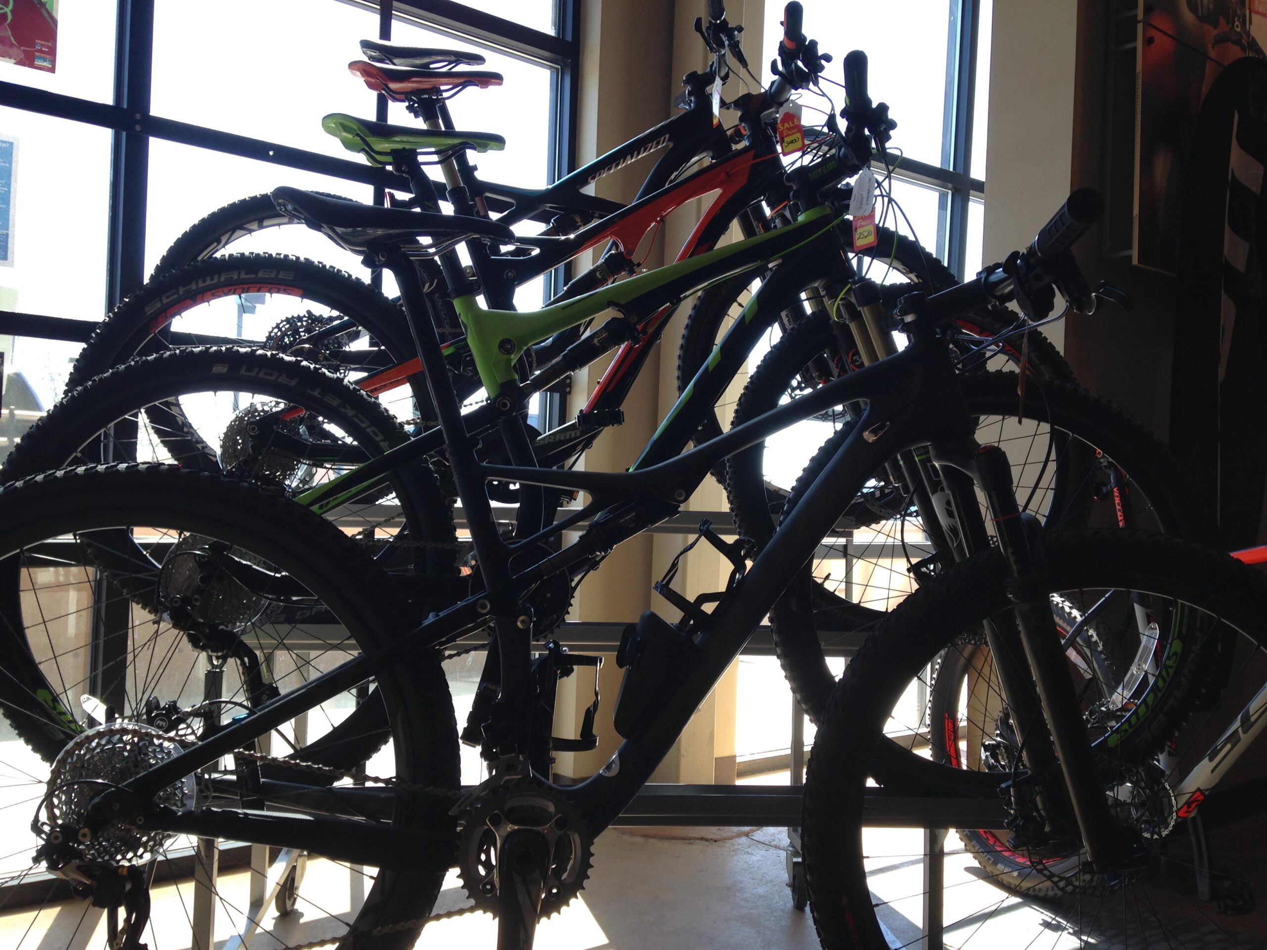 Three mountain bikes on display in a shop, showcasing various colors and designs. Natural light streams in through large windows, highlighting the details of the bikes, including their tires and frames.