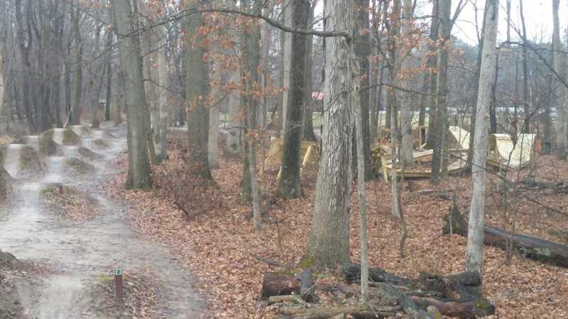 Image of a wooded area featuring a dirt bike trail with several dirt jumps and wooden ramps. The ground is covered in fallen leaves, and various trees surround the path. The scene appears to be overcast, indicating a cool, possibly damp day. Scales Lake Park Trails mountain bike trail.