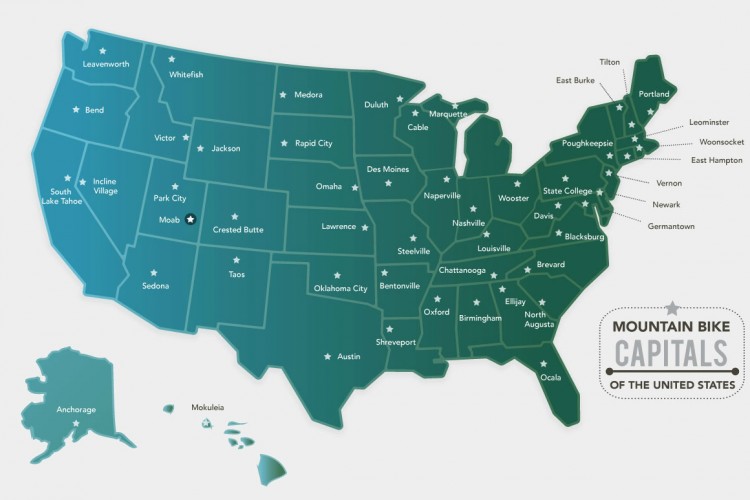 A map of the United States highlighting various cities designated as "Mountain Bike Capitals." The map features a gradient color scheme and marks each capital city with a star. Key locations for mountain biking are noted across the country, including cities in the West, Midwest, South, and Northeast regions. Alaska and Hawaii are included at the bottom of the map.