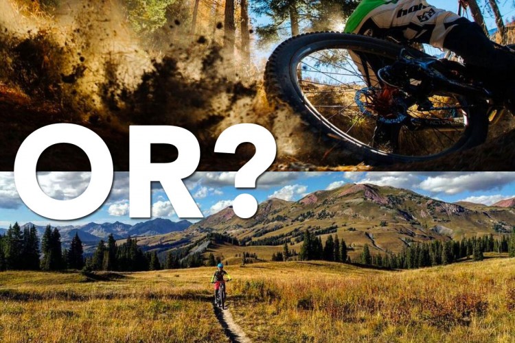 A split image featuring two scenes: the top half shows a mountain biker navigating a dusty, tree-lined trail, kicking up dirt as they lean into a turn, while the bottom half depicts a serene landscape with a lone mountain biker riding along a grassy trail surrounded by mountains and forests. The word "OR?" is prominently displayed in the center, suggesting a choice between the two biking experiences.