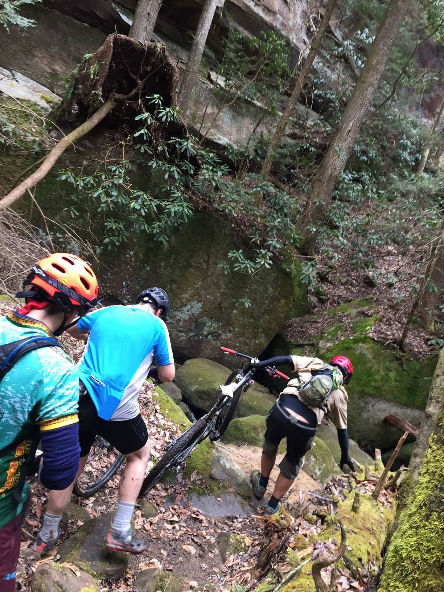 A group of three mountain bikers navigating a rocky and muddy trail in a forested area, with moss-covered stones and trees surrounding them. One rider is carrying their bike while attempting to maintain balance on the uneven terrain. The scene captures the adventure and challenge of off-road biking. Sheltowee Trace - Laurel Lake Trail mountain bike trail.