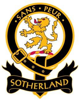 Coat of arms featuring a golden lion rampant on a circular background, surrounded by the text "SANS PEUR" at the top and "SOTHERLAND" at the bottom, with a decorative belt element integrated into the design.
