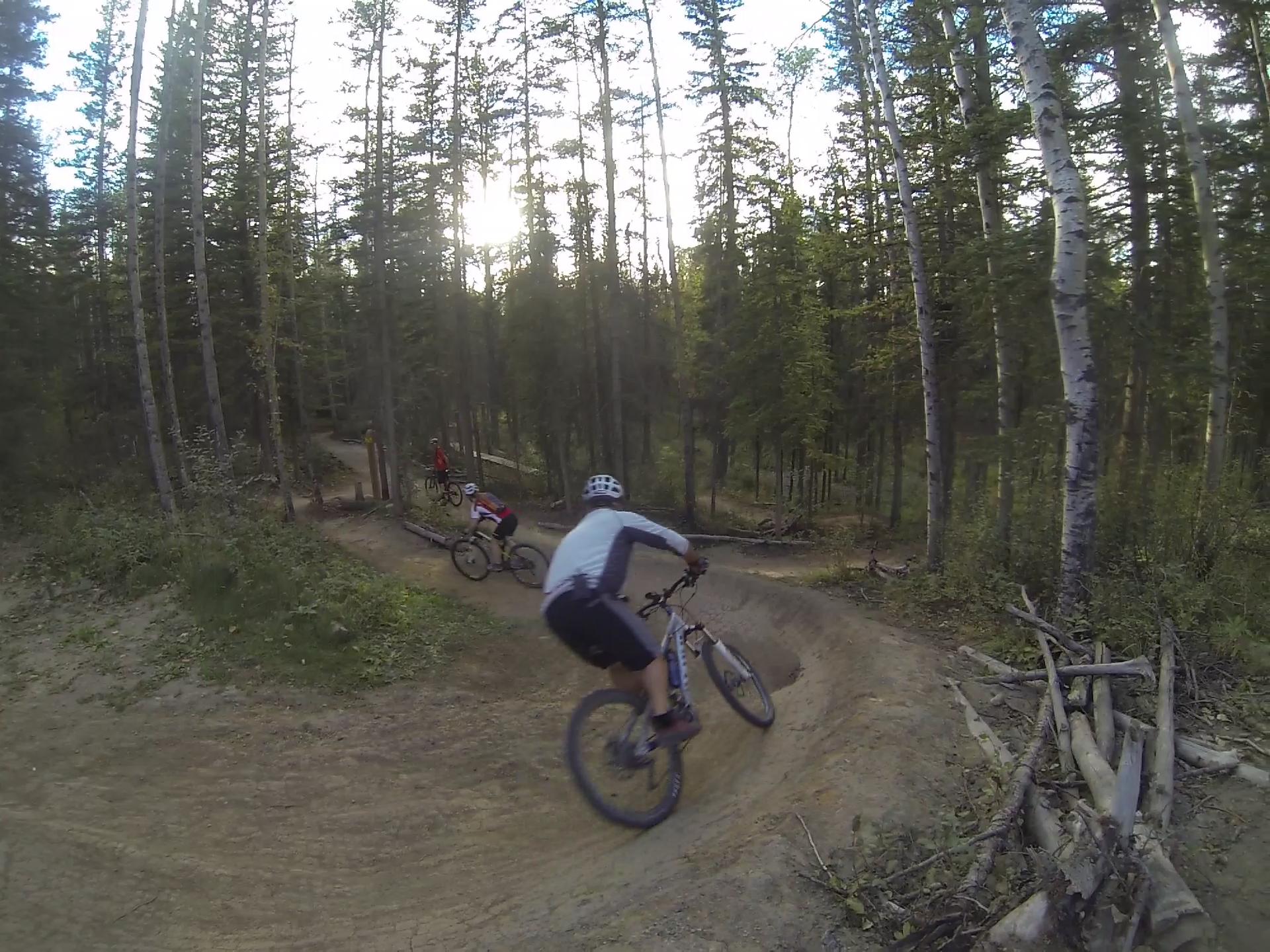 Mountain bikers navigating a winding dirt trail through a dense forest, with tall trees surrounding them and sunlight filtering through the branches. One rider is in the foreground leaning into a bend, while another can be seen further along the trail. Hinton Skills Park mountain bike trail.
