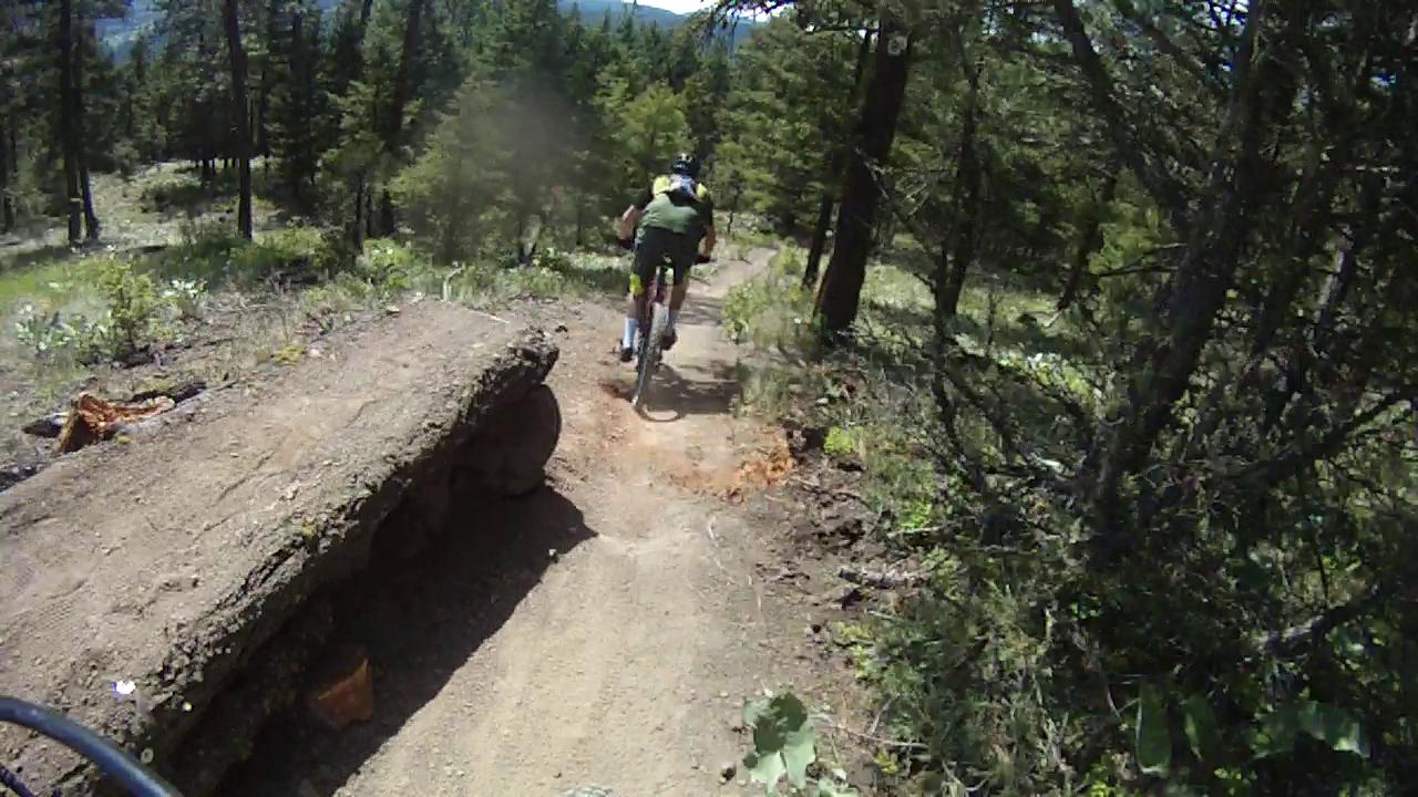 A mountain biker navigating a dirt trail through a dense forest, with a fallen log visible on the left side of the path. Lush greenery surrounds the area, and the trail appears winding, leading into the trees in the background. Smith Creek mountain bike trail.