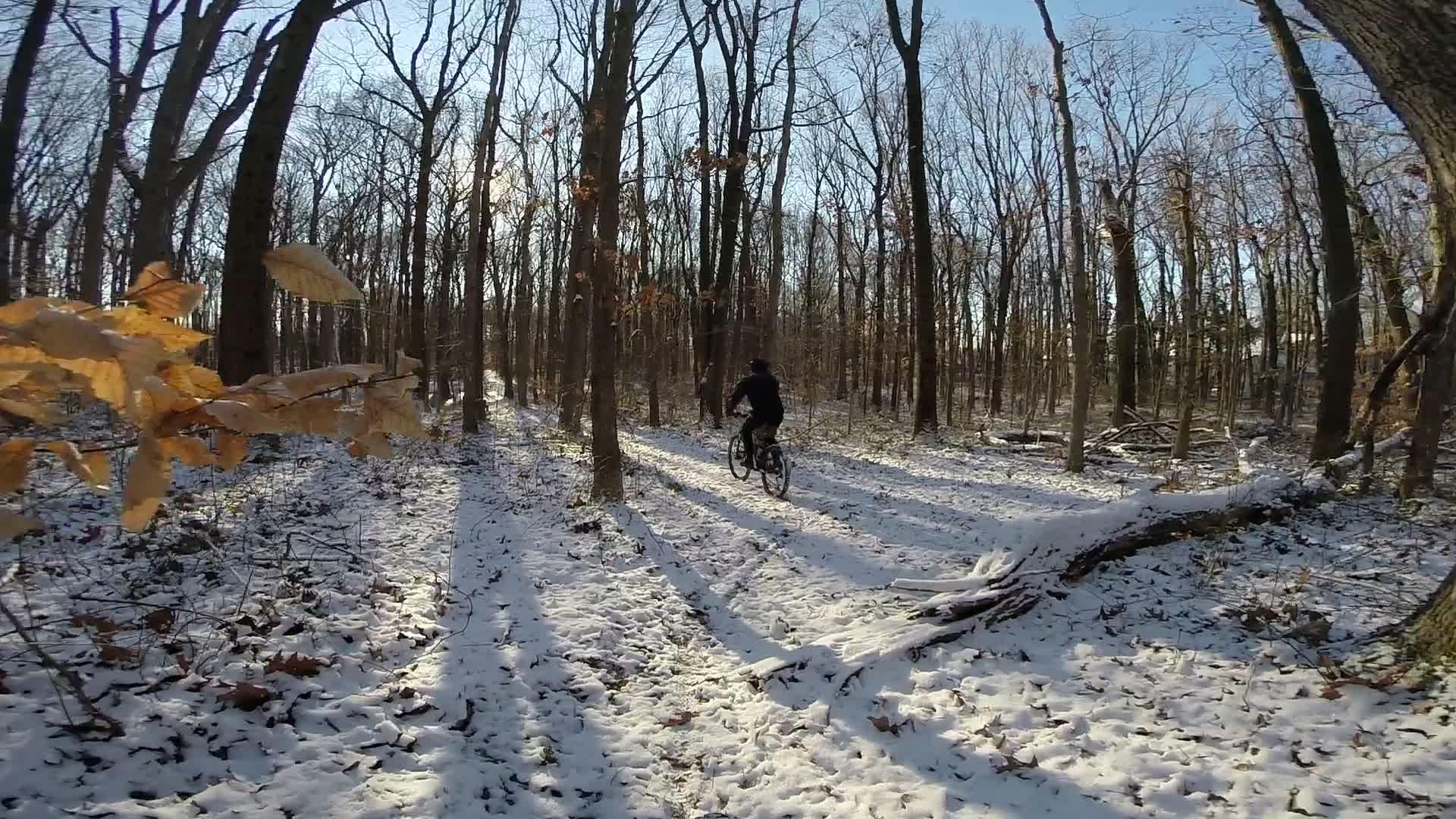 A person riding a mountain bike on a snow-covered trail in a wooded area, surrounded by bare trees and fallen leaves under a clear blue sky. Trails seperated by streets mountain bike trail.