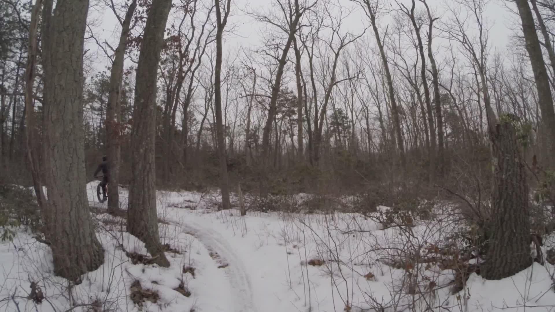 A cyclist riding on a snowy trail through a winter forest, surrounded by bare trees and patches of snow on the ground. Allaire State Park mountain bike trail.