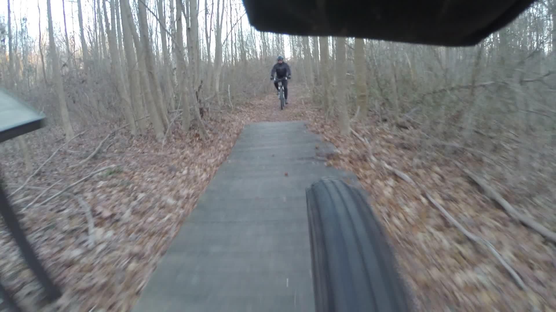 A view from a mountain bike tire on a wooden trail surrounded by trees, with a cyclist riding towards the camera in a forested area during winter. Leaves are scattered on the ground, and the atmosphere conveys an adventurous outdoor experience. Wolfes Pond park mountain bike trail.