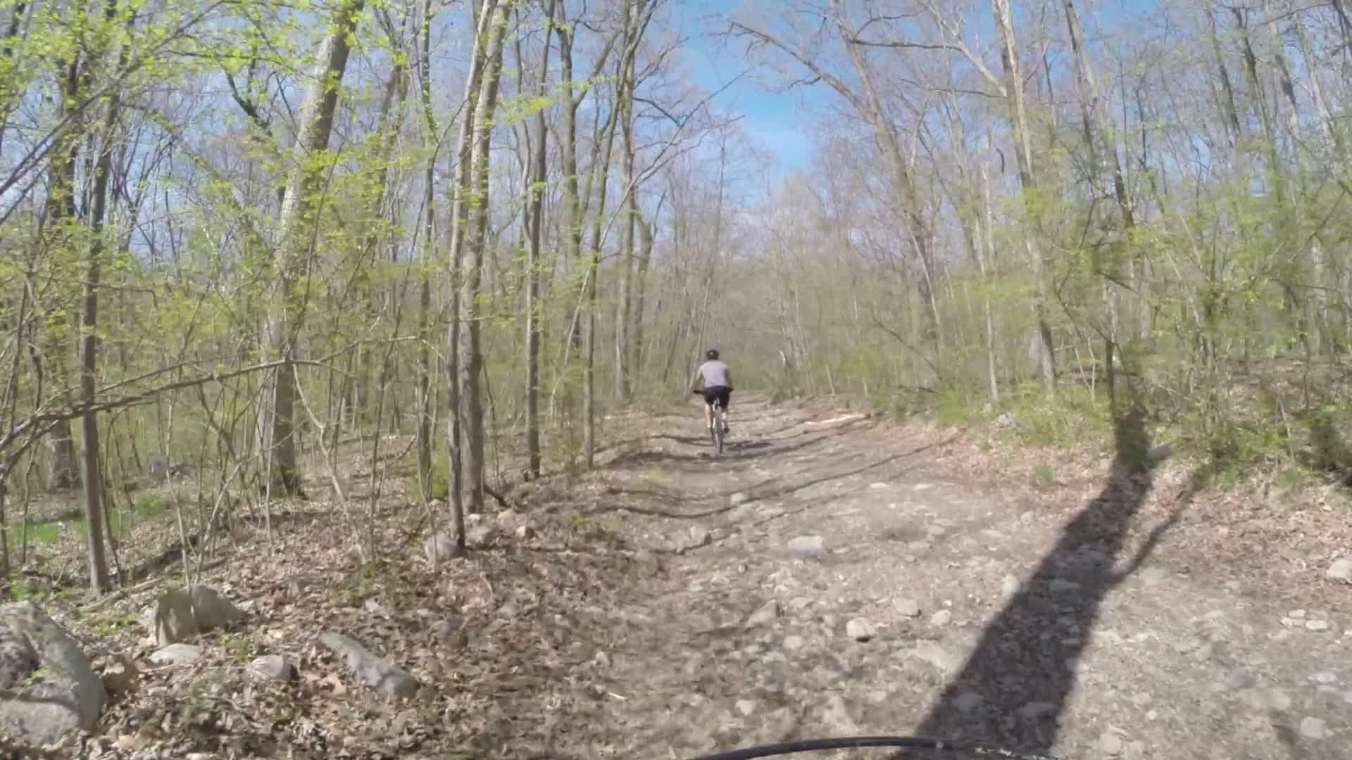A person riding a mountain bike along a rocky trail in a forest with bare trees and early spring green leaves under a clear blue sky. Ringwood Skylands Manor mountain bike trail.