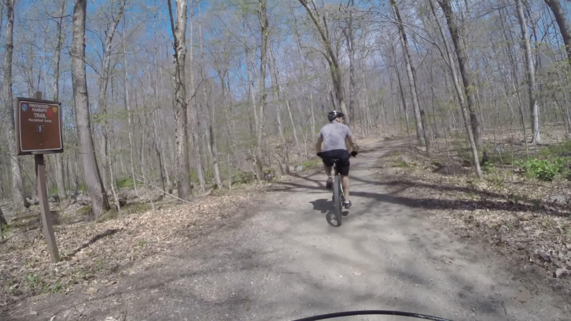 A cyclist rides along a dirt trail surrounded by trees, with a sign for the Ringwood-Ramapo Trail visible in the foreground. The scene is set on a sunny day with blue skies and hints of early spring foliage. Ringwood Skylands Manor mountain bike trail.