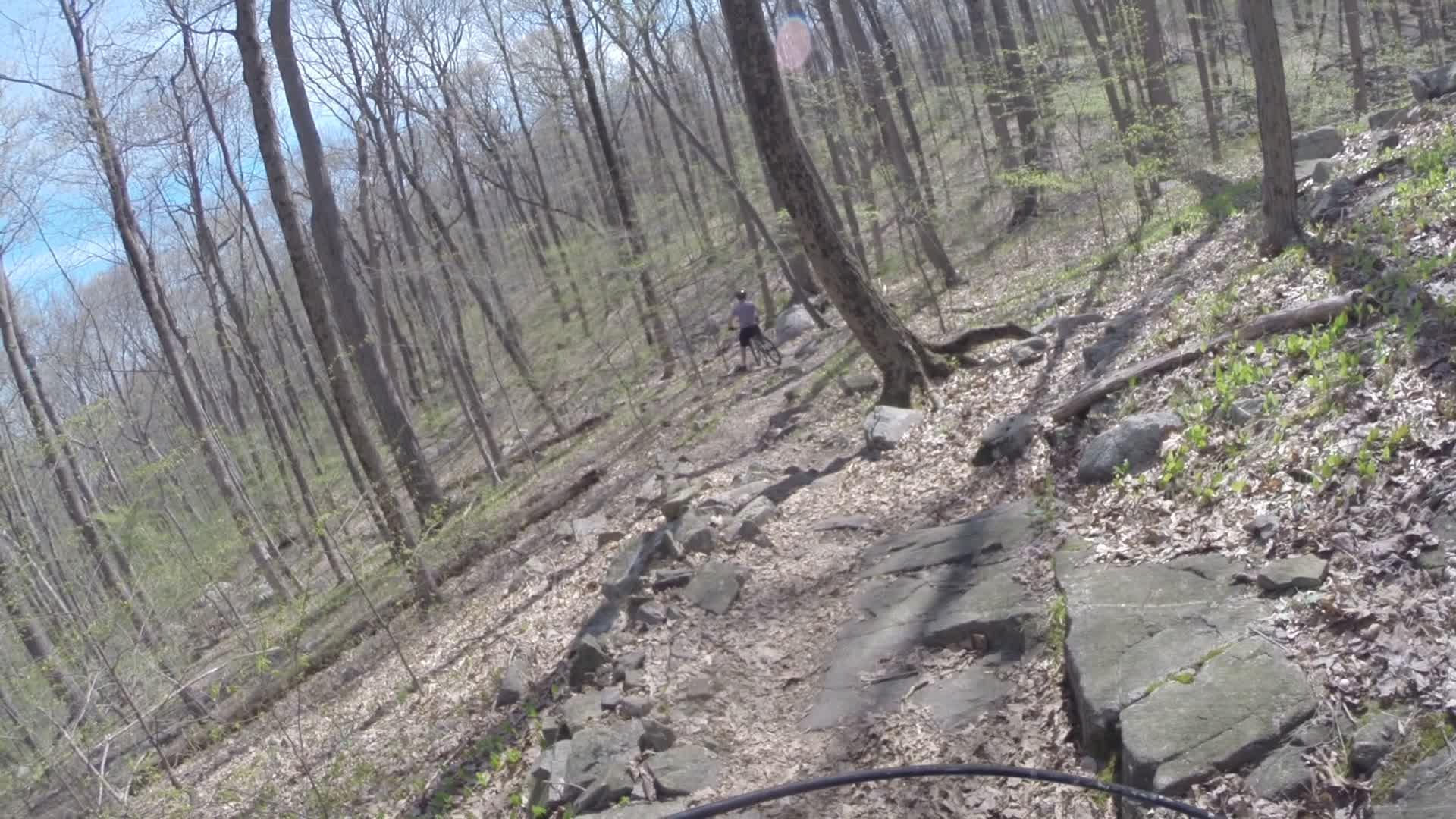 A winding trail through a wooded area with sparse trees and patches of green plants in early spring. A person in the distance is walking beside a bicycle, navigating the rocky terrain. Ringwood Skylands Manor mountain bike trail.