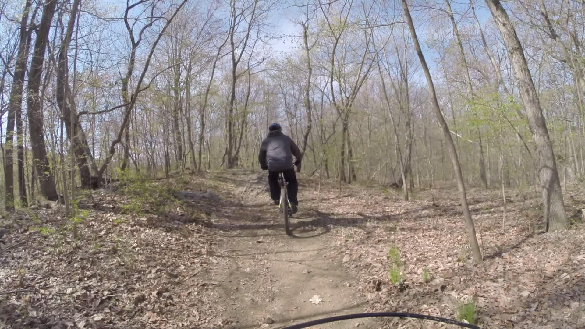 A person riding a mountain bike on a dirt trail through a forest, surrounded by bare trees and scattered leaves on the ground, with a clear blue sky above. Ringwood Skylands Manor mountain bike trail.
