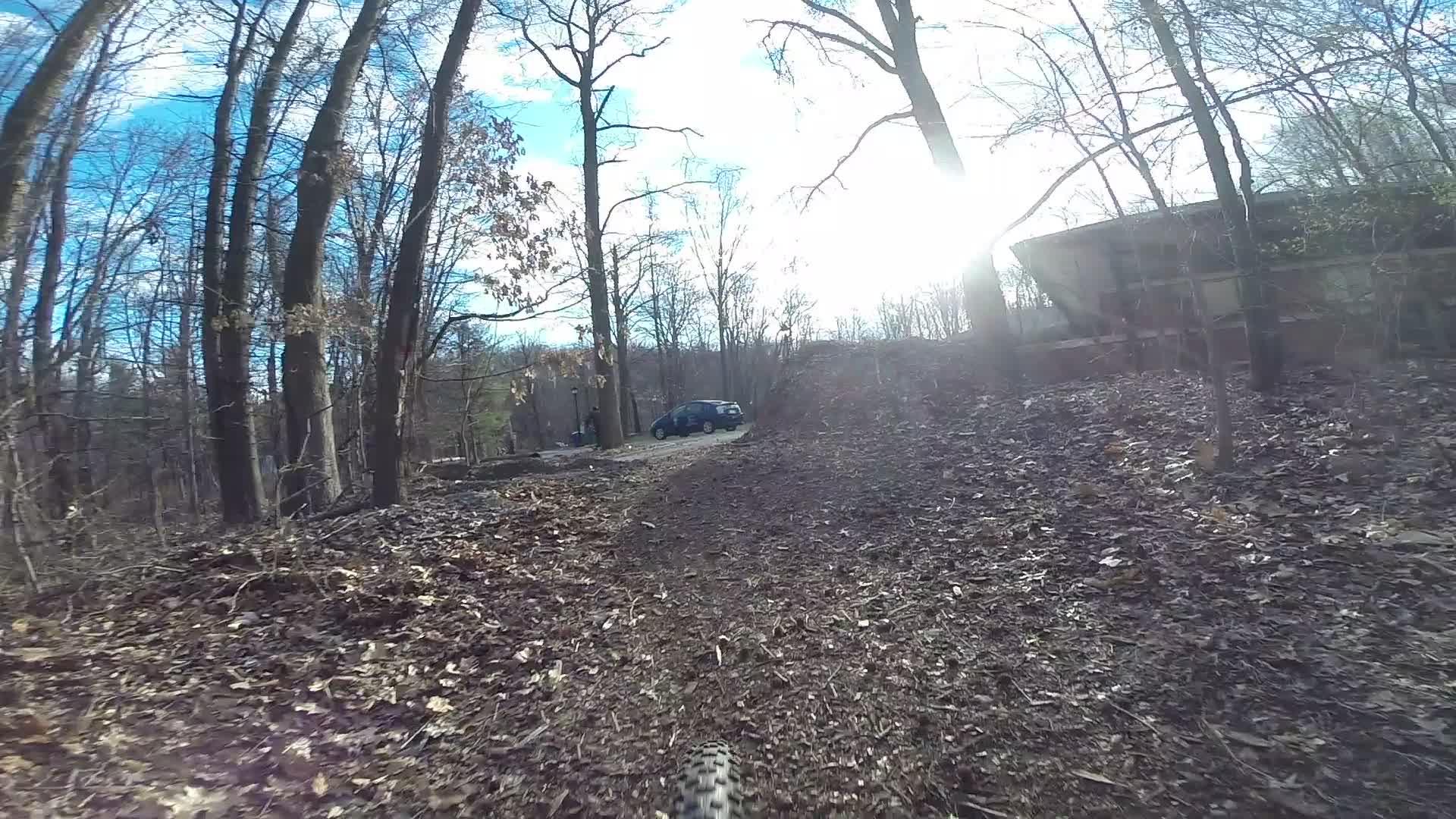 A wooded area with bare trees and a dirt path covered in fallen leaves. In the background, a car is parked near a building, and sunlight filters through the trees, illuminating the scene. Richmond Avenue and Forest Hill road mountain bike trail.