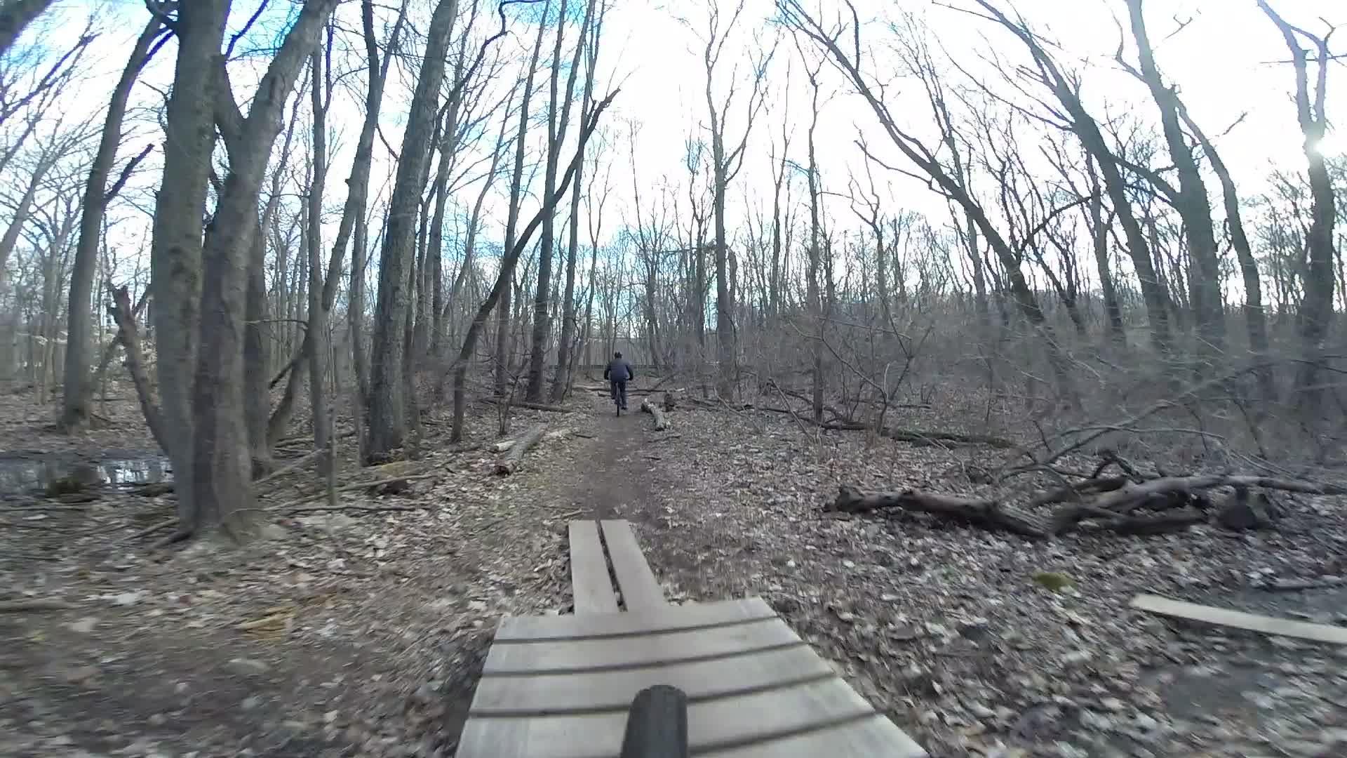 A person riding a bicycle along a dirt trail surrounded by bare trees in a forested area, with a narrow wooden plank bridge in the foreground. The ground is covered with fallen leaves, and the scene suggests a late winter or early spring atmosphere. Richmond Avenue and Forest Hill road mountain bike trail.