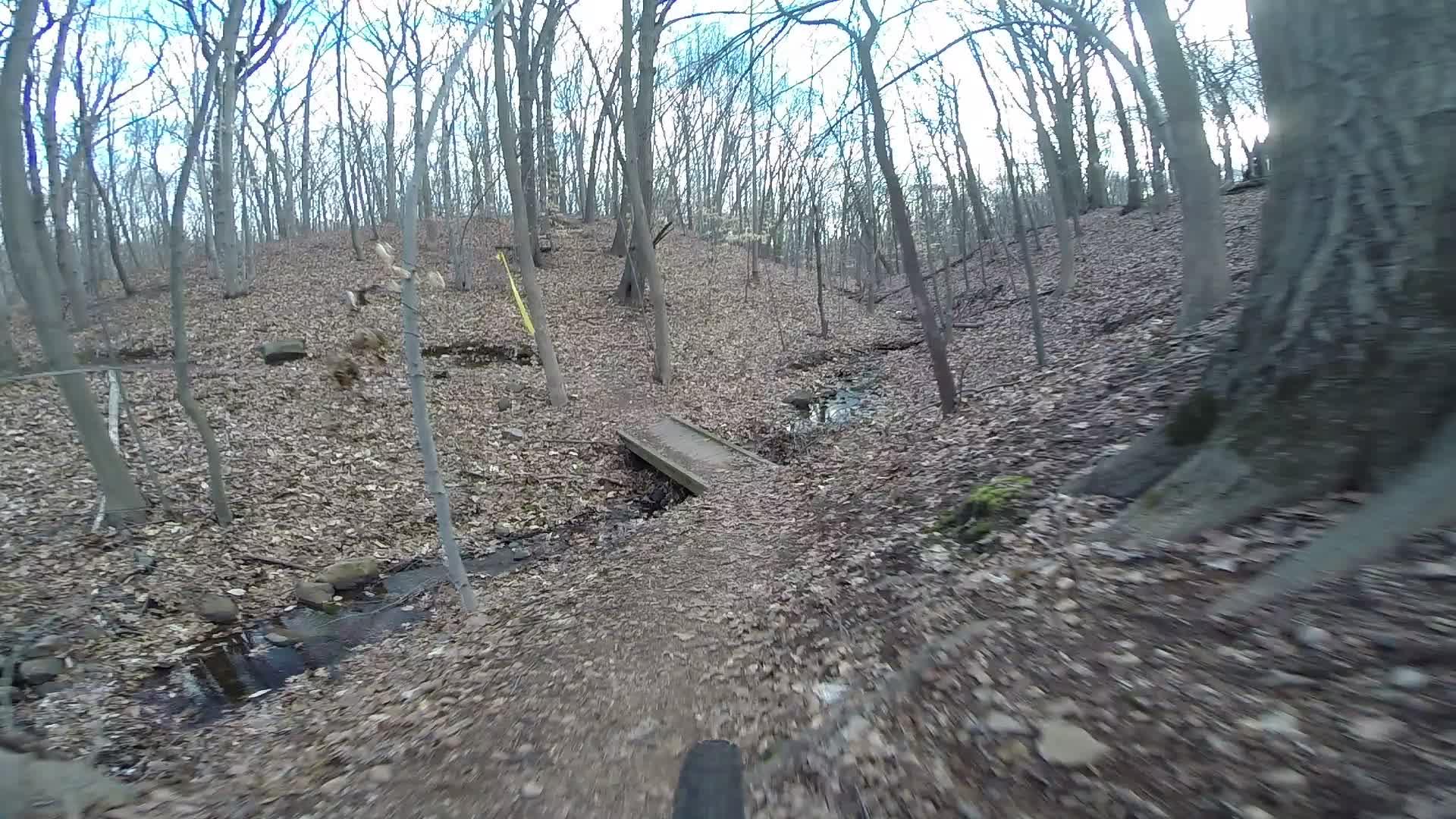 A winding dirt path through a wooded area, with trees bare of leaves, fallen leaves covering the ground, and a small wooden bridge crossing a narrow stream. The scene is captured on a cloudy day, indicating early spring or late autumn. Richmond Avenue and Forest Hill road mountain bike trail.