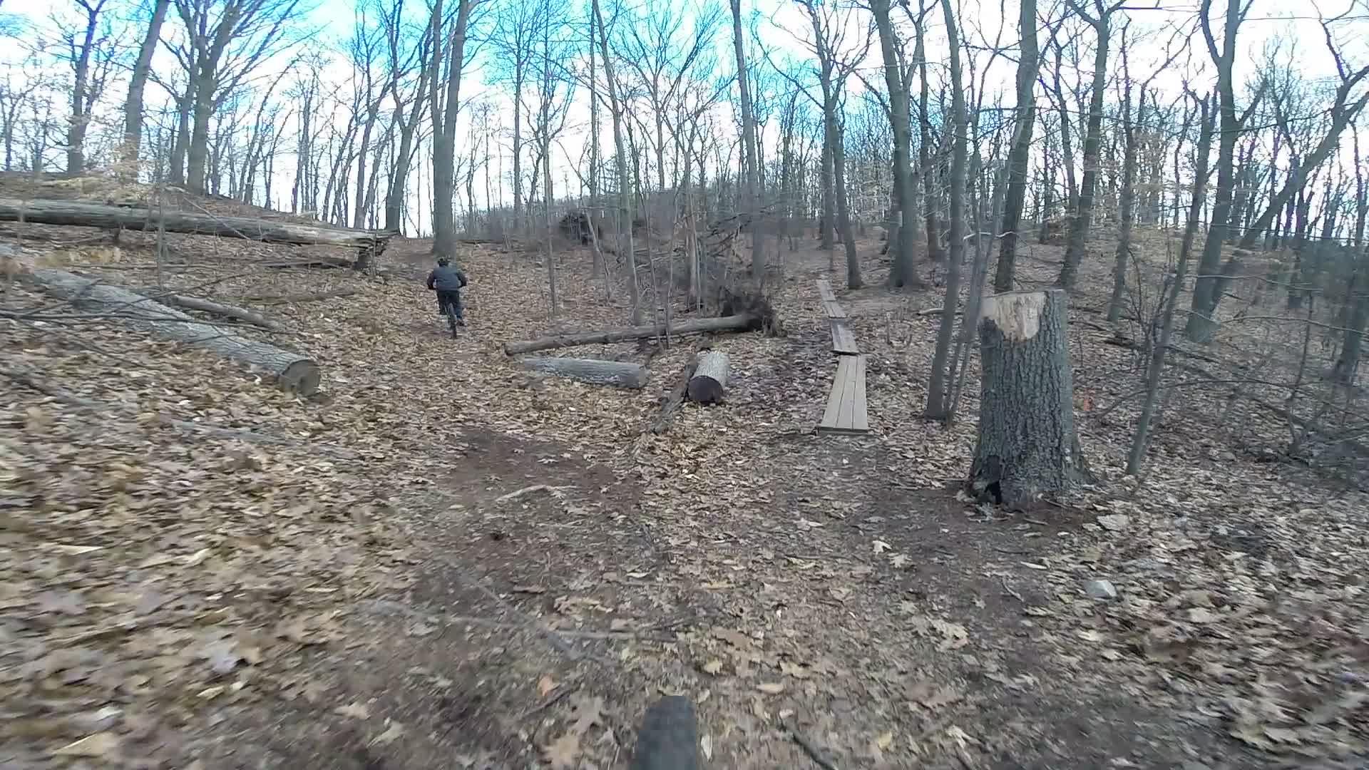 A cyclist riding down a dirt trail through a wooded area in early spring, with fallen leaves covering the ground and bare trees in the background. Logs and wooden planks are visible along the path, indicating a natural trail environment. Richmond Avenue and Forest Hill road mountain bike trail.
