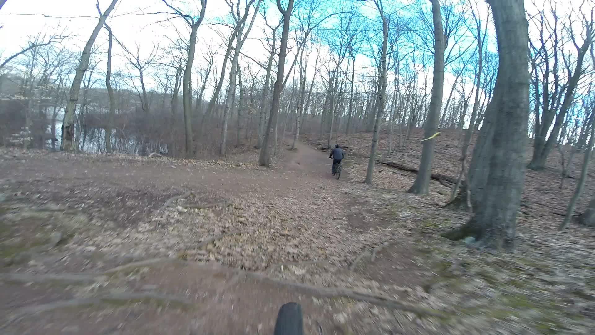 A person riding a mountain bike on a dirt trail in a wooded area during early spring. The path is surrounded by bare trees and scattered leaves on the ground, while a body of water can be seen in the background under a clear sky. Richmond Avenue and Forest Hill road mountain bike trail.