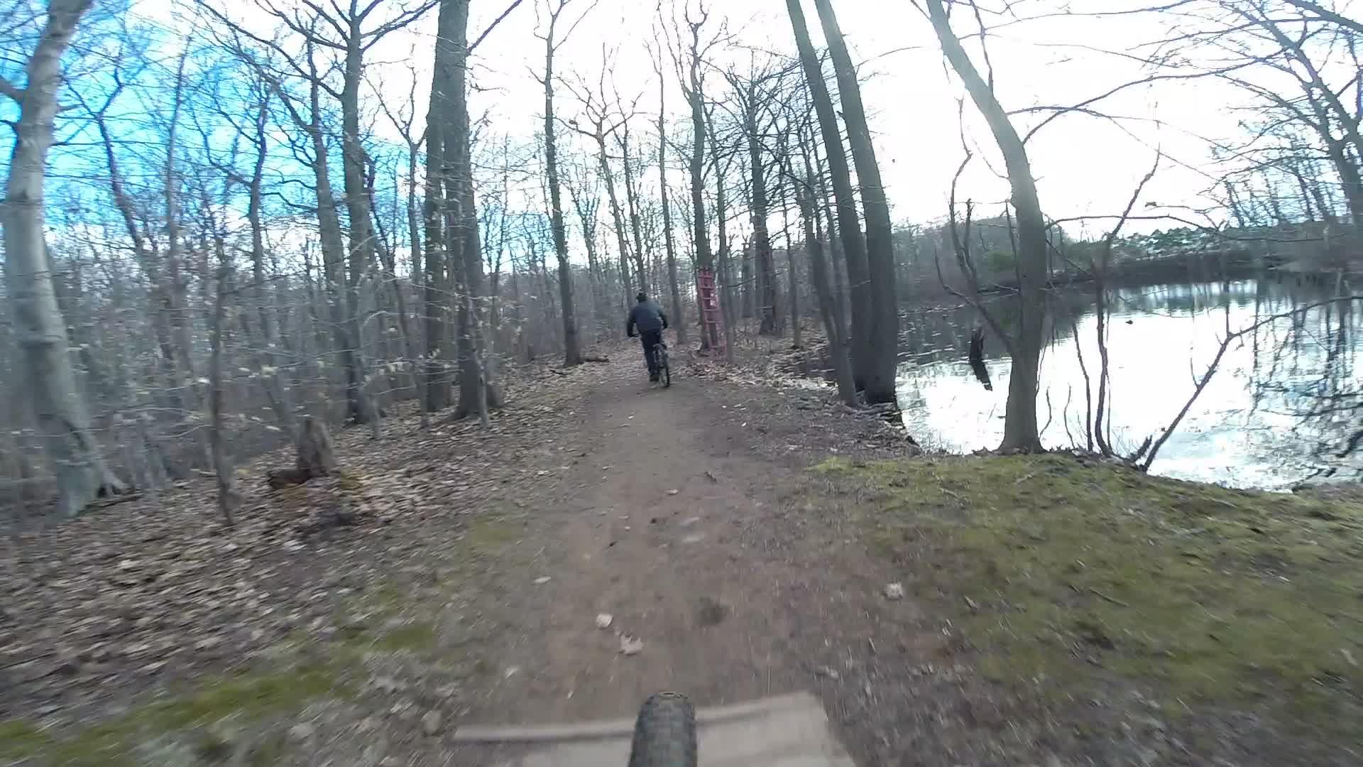 A mountain biker rides along a narrow, winding trail in a forest area, with bare trees lining the path and a calm body of water visible on one side. The scene is set in a natural landscape during a cool season, with fallen leaves covering the ground. Richmond Avenue and Forest Hill road mountain bike trail.