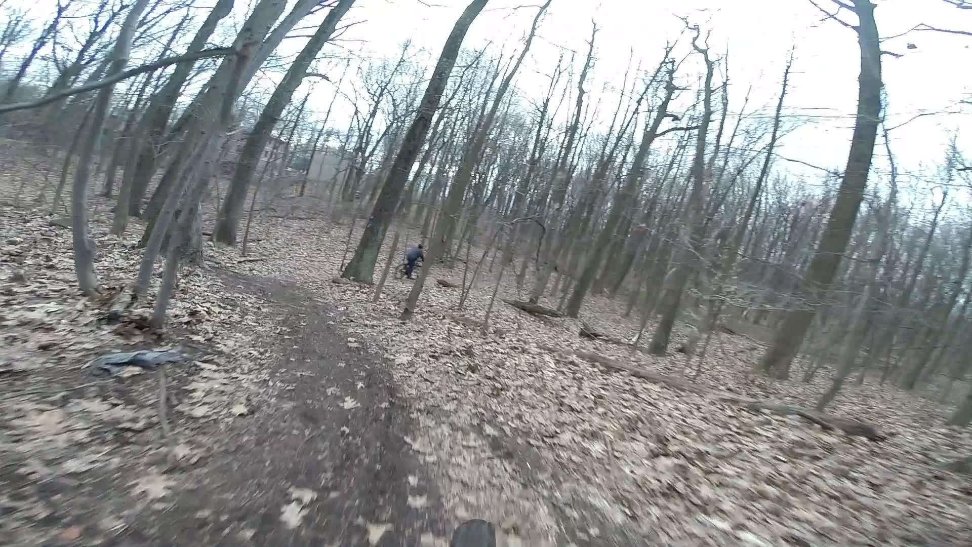 A view of a forested trail surrounded by bare trees and fallen leaves, with a cyclist in the distance navigating the path. The scene captures the natural landscape in a cool, overcast setting. Trails seperated by streets mountain bike trail.