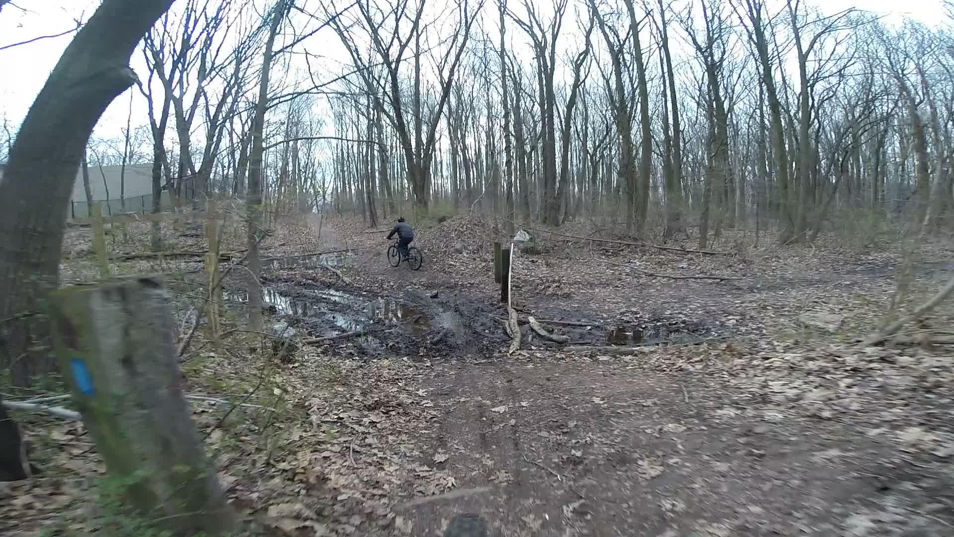 A cyclist riding along a muddy trail in a forested area during early spring. The ground is covered with fallen leaves, and there are bare trees in the background. A small puddle and some wooden obstacles are visible along the path. Trails seperated by streets mountain bike trail.