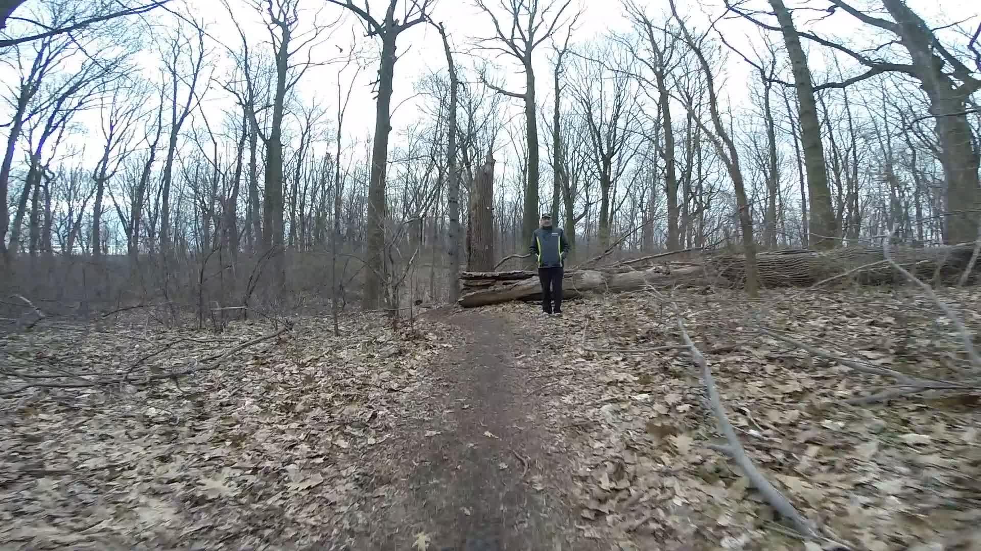 A person standing along a walking trail in a wooded area during early spring, surrounded by bare trees and scattered leaves on the ground. Trails seperated by streets mountain bike trail.