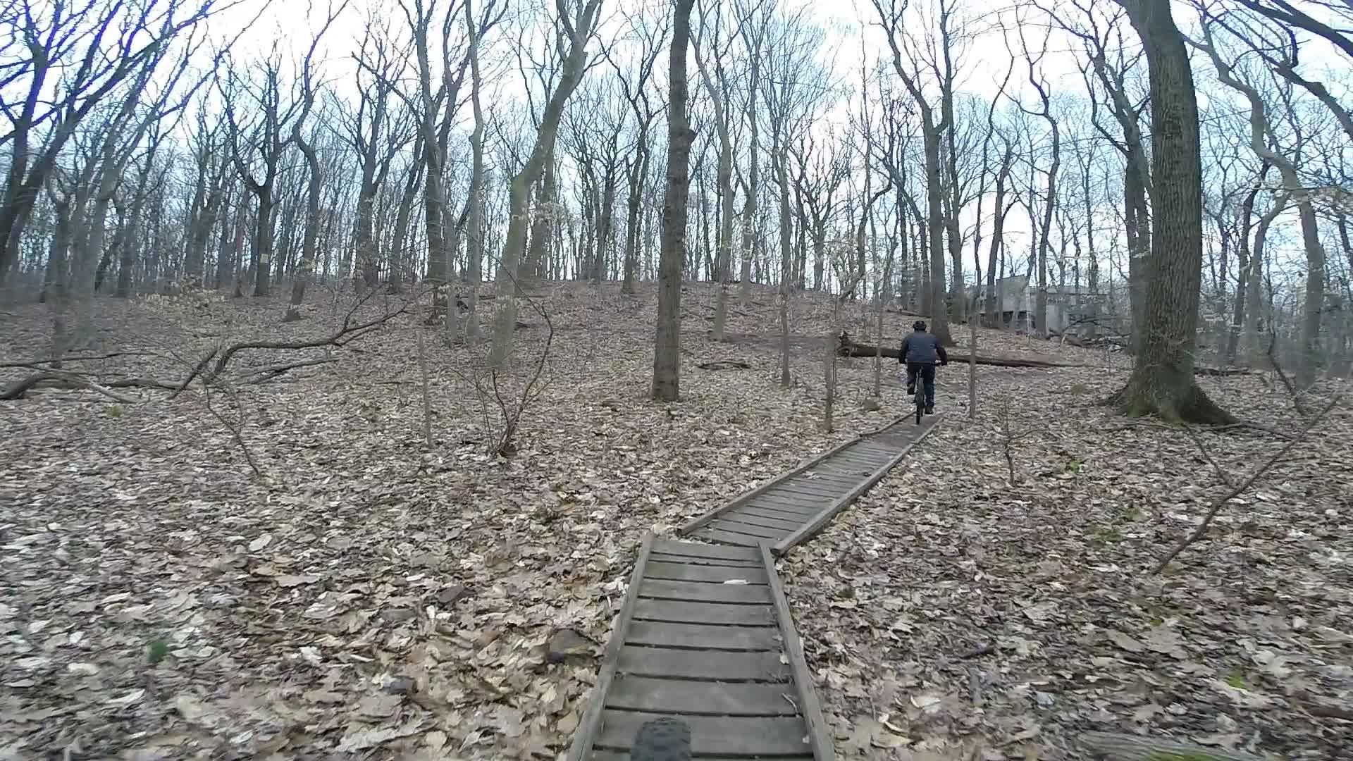 A person riding a bike on a narrow wooden trail through a forest, surrounded by bare trees and fallen leaves on the ground, with a hilly terrain in the background. The scene is set in an outdoor natural environment. Richmond Avenue and Forest Hill road mountain bike trail.