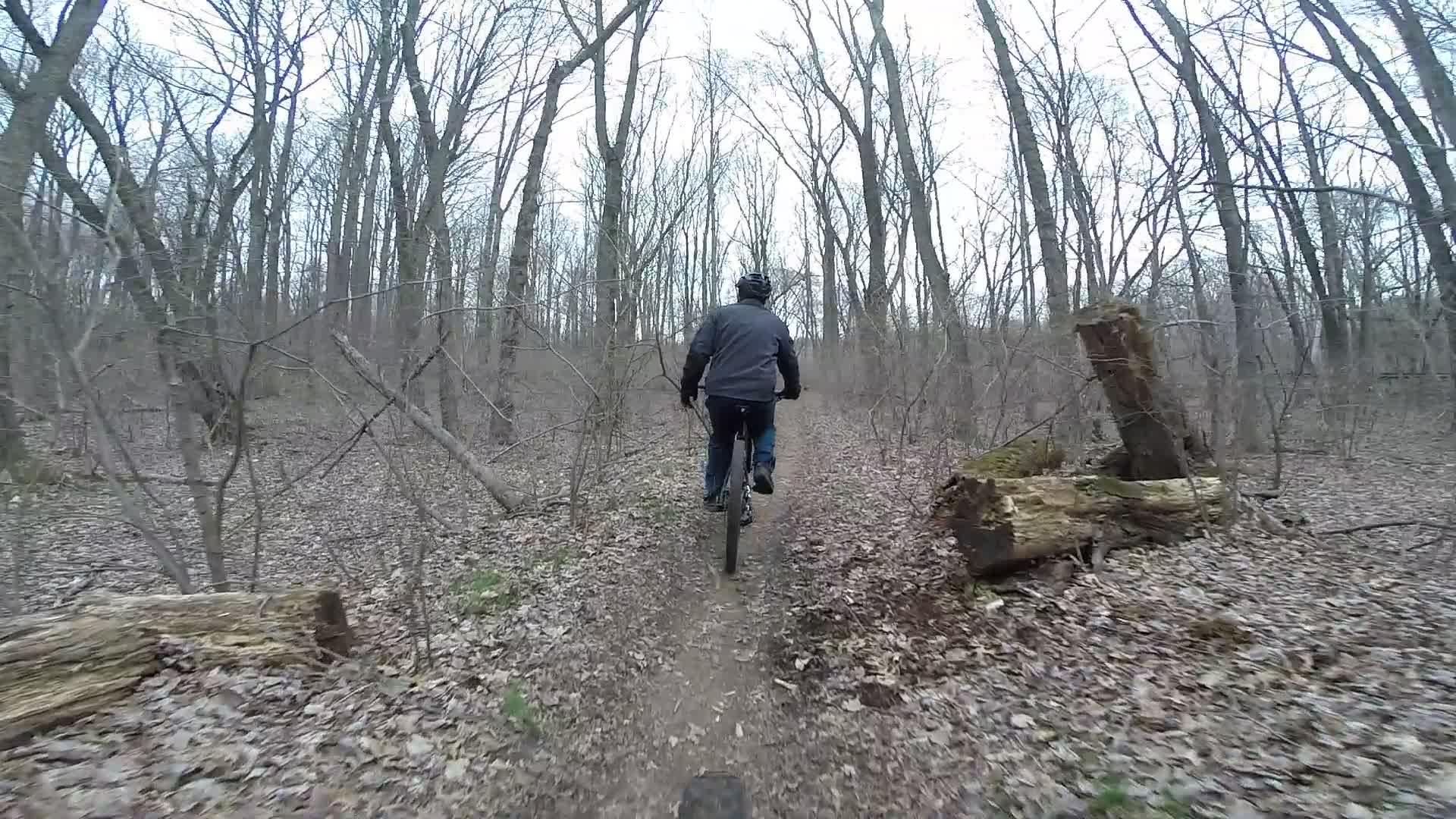 A person riding a mountain bike on a narrow, dirt trail through a wooded area, surrounded by bare trees and fallen leaves. Richmond Avenue and Forest Hill road mountain bike trail.