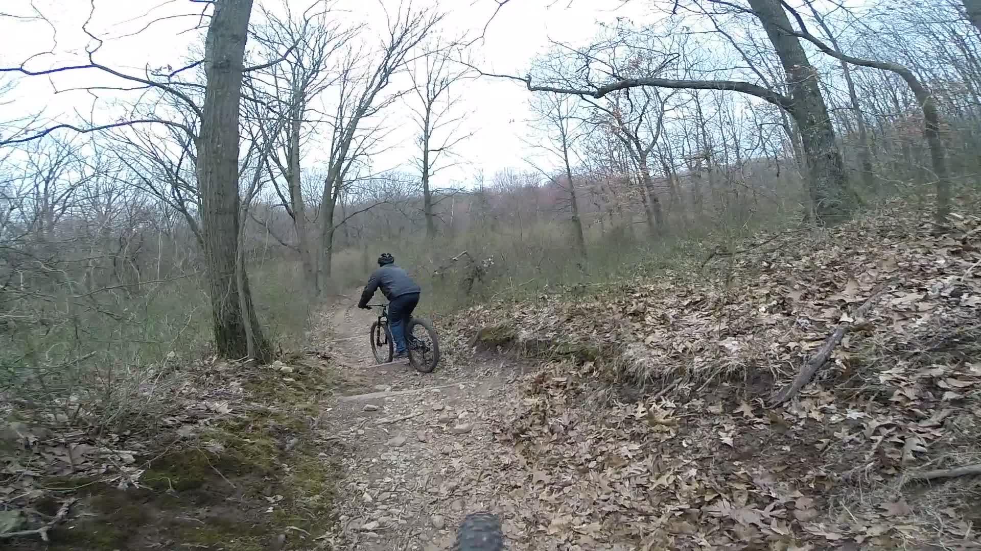 A person riding a mountain bike along a narrow trail surrounded by bare trees and leaf-covered ground in a wooded area. Richmond Avenue and Forest Hill road mountain bike trail.