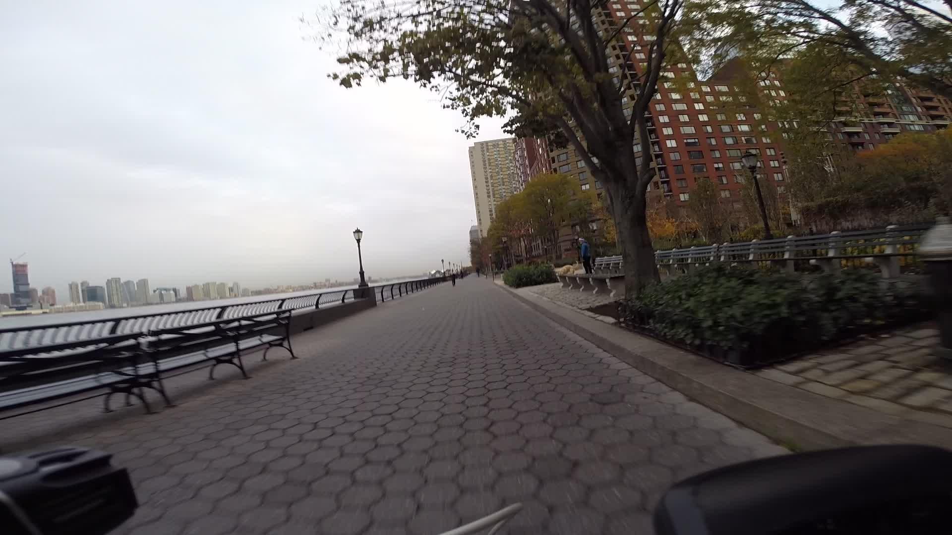 A scenic view of a waterfront pathway lined with trees, benches, and plants, alongside a river. Skyscrapers can be seen in the background under a cloudy sky, creating a peaceful urban landscape. West Street Greenway mountain bike trail.