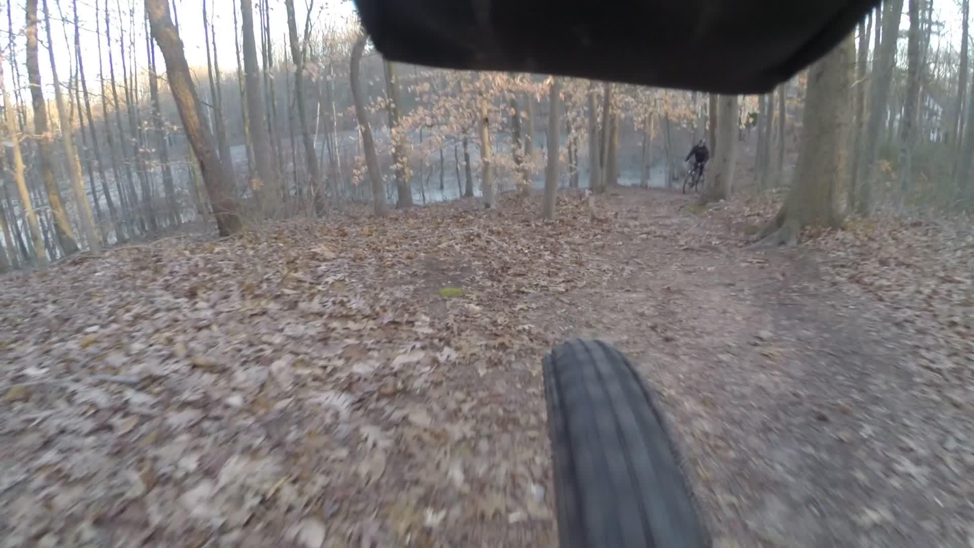 A close-up view of a mountain bike tire riding on a forest trail covered with fallen leaves, with trees in the background and a blurred figure of another cyclist in the distance. Trails seperated by streets mountain bike trail.