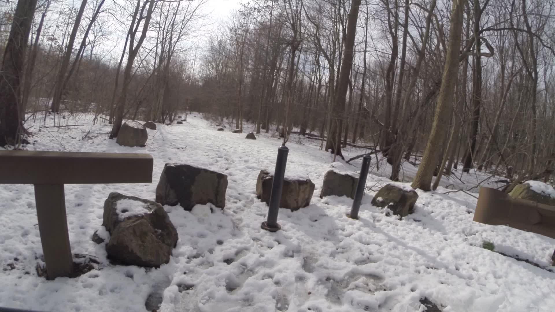 A snowy path through a wooded area, lined with rocks and posts. The trees are bare, indicating winter, and the ground is covered in a layer of snow. The scene is peaceful and quiet, showcasing a natural landscape in wintertime. Trails seperated by streets mountain bike trail.