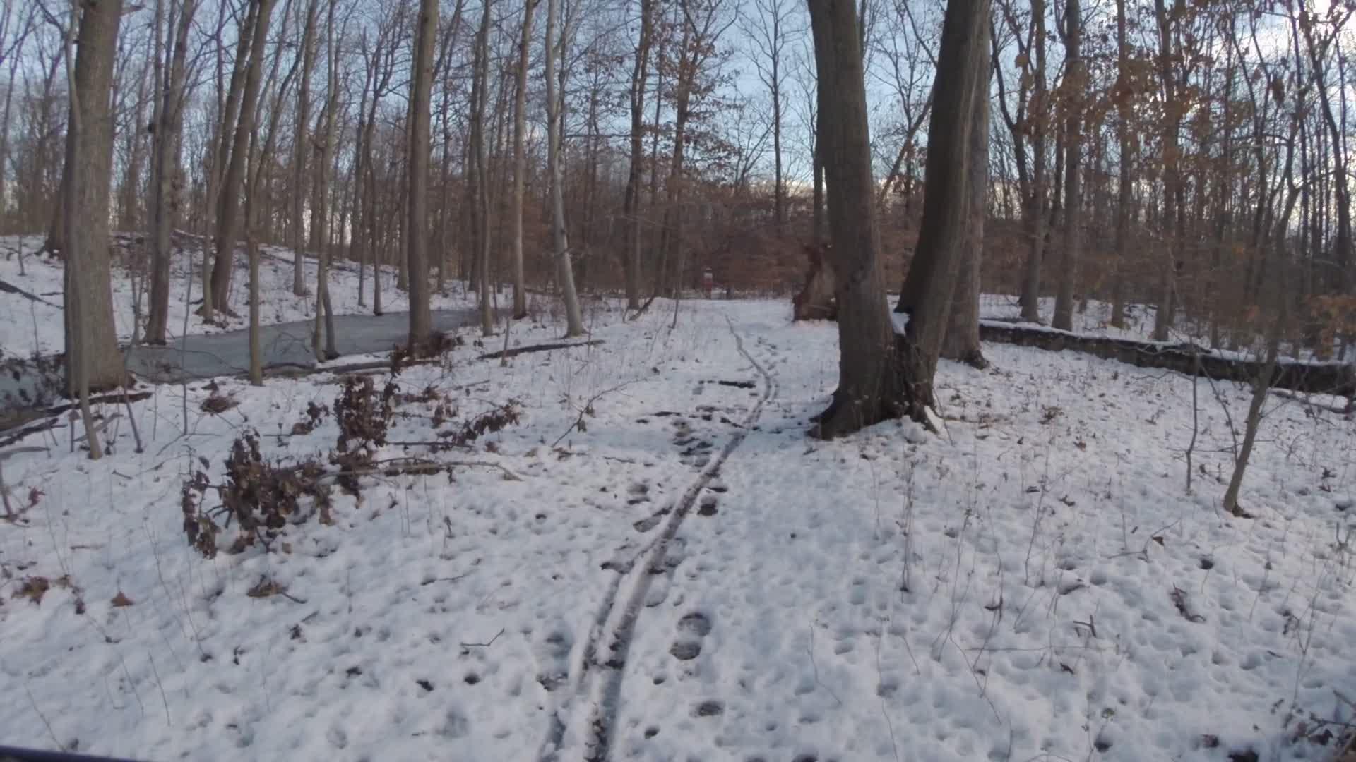 A snowy forest path winding through tall trees, with patches of snow and ice on the ground. A frozen stream is visible in the background, and the scene is serene, evoking a quiet winter atmosphere. Trails seperated by streets mountain bike trail.