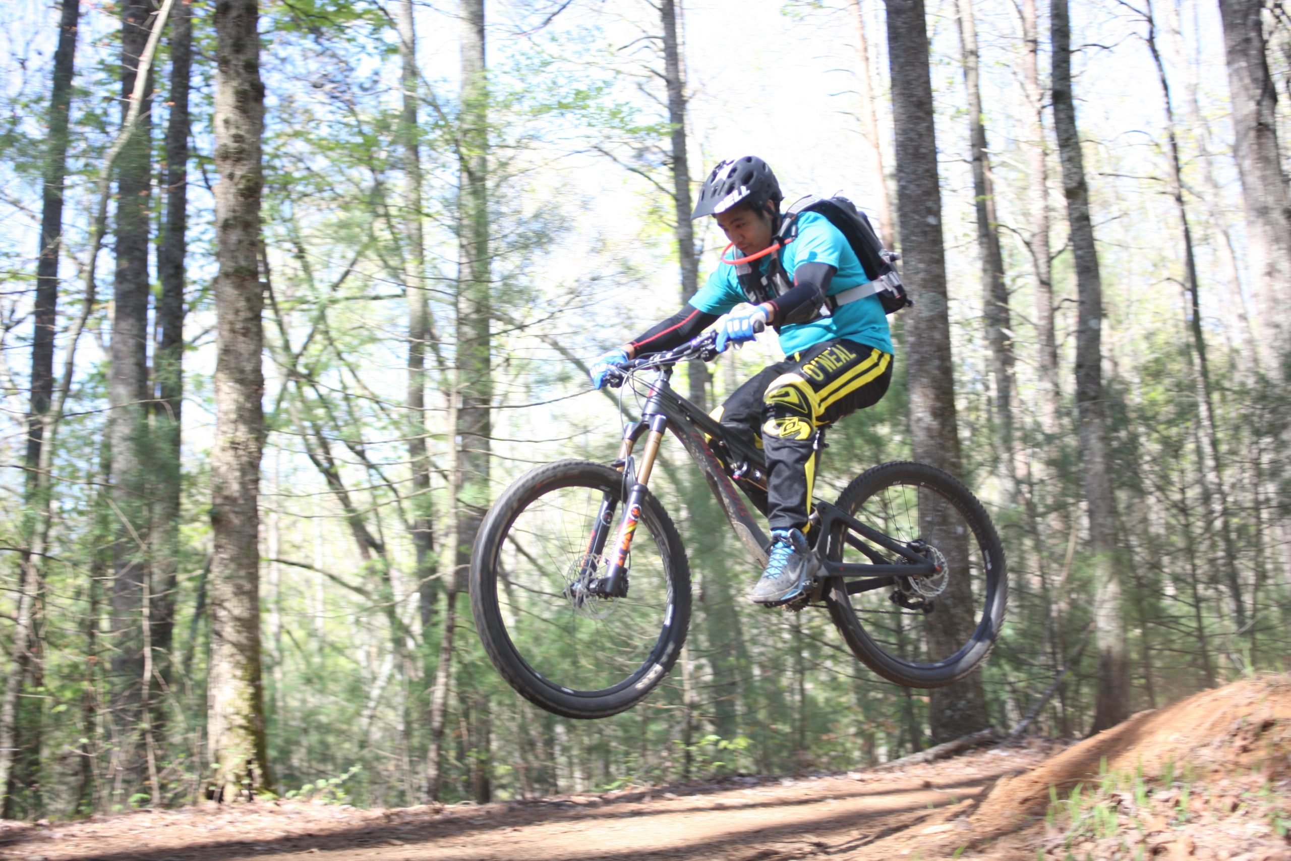 A mountain biker in mid-air performs a jump on a dirt trail surrounded by tall trees. The rider wears a blue shirt, black pants with yellow accents, and a helmet, showcasing their athleticism and skill in a natural outdoor setting. Dark Mountain Trail mountain bike trail.