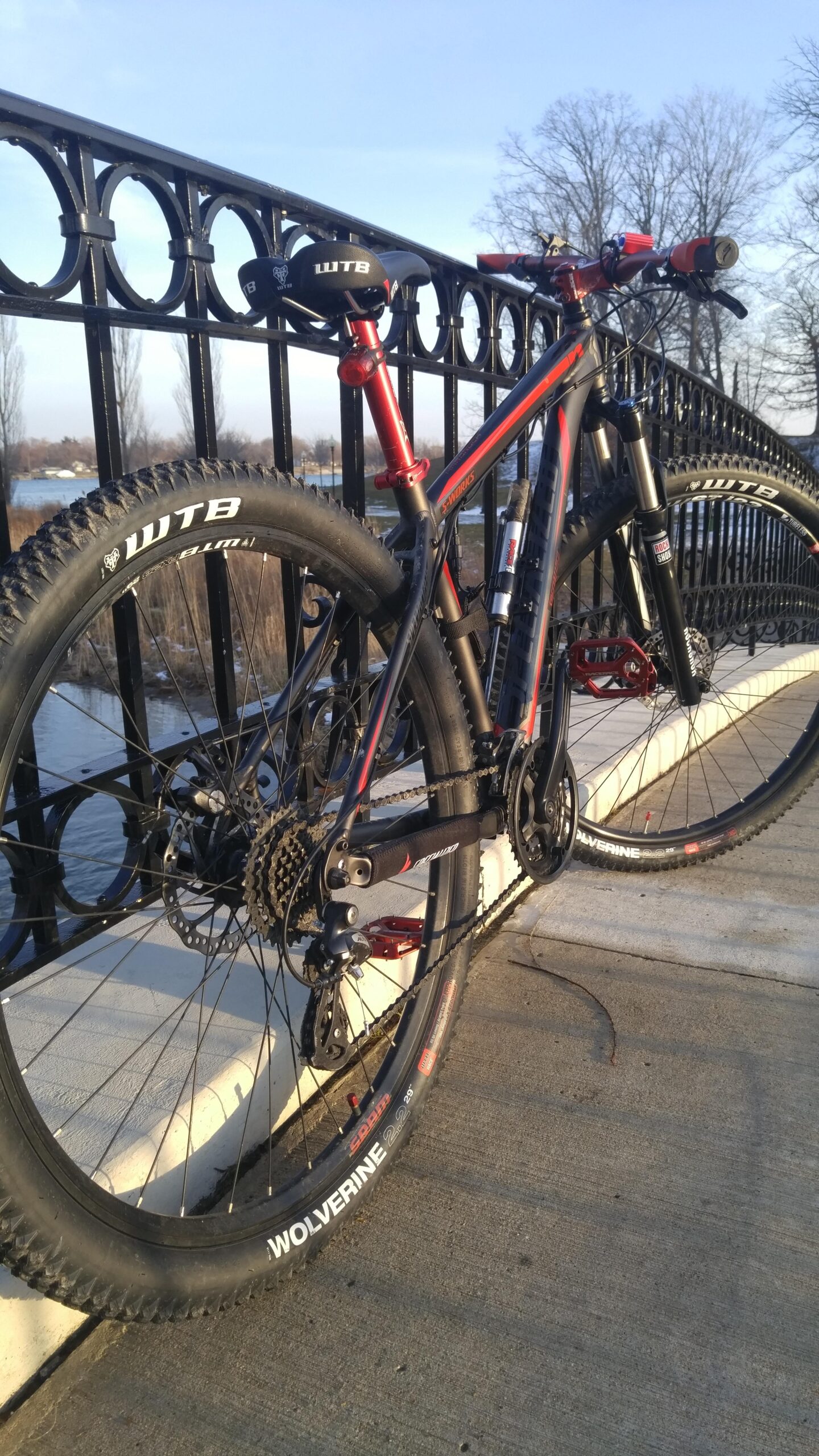 Specialized Hardrock Disc: A close-up view of a mountain bike parked near a decorative black railing by a body of water. The bike features a red and black frame with visible WTB branding on the tires. The setting is outdoors, with trees in the background and a clear blue sky.