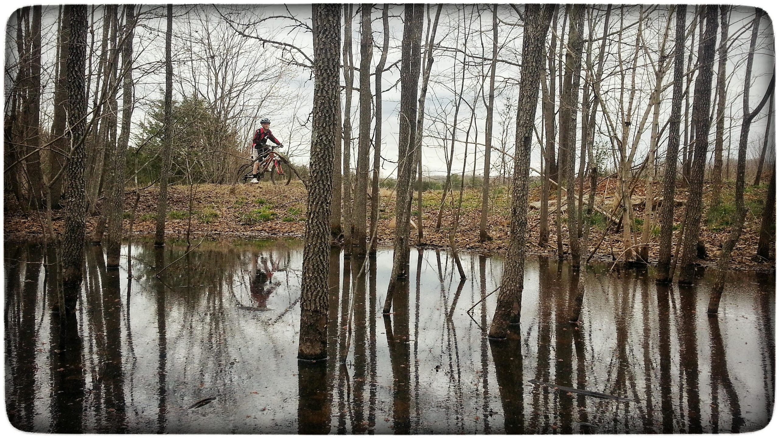 A mountain biker in a red and black outfit rides along a path beside a calm, reflective water body surrounded by trees, with a backdrop of a cloudy sky. The scene captures the tranquility of nature and outdoor activity. Signal Hill mountain bike trail.