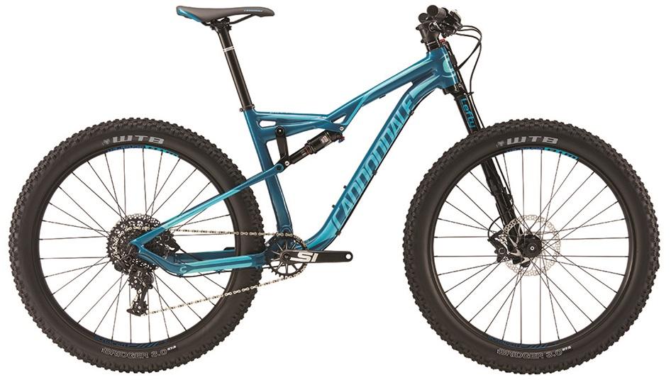 Cannondale Bad Habit: A blue mountain bike with wide tires and prominent suspension features, positioned on a plain background. The bike features a sleek frame design and components designed for off-road performance, including a disc brake system and a comfortable seat.