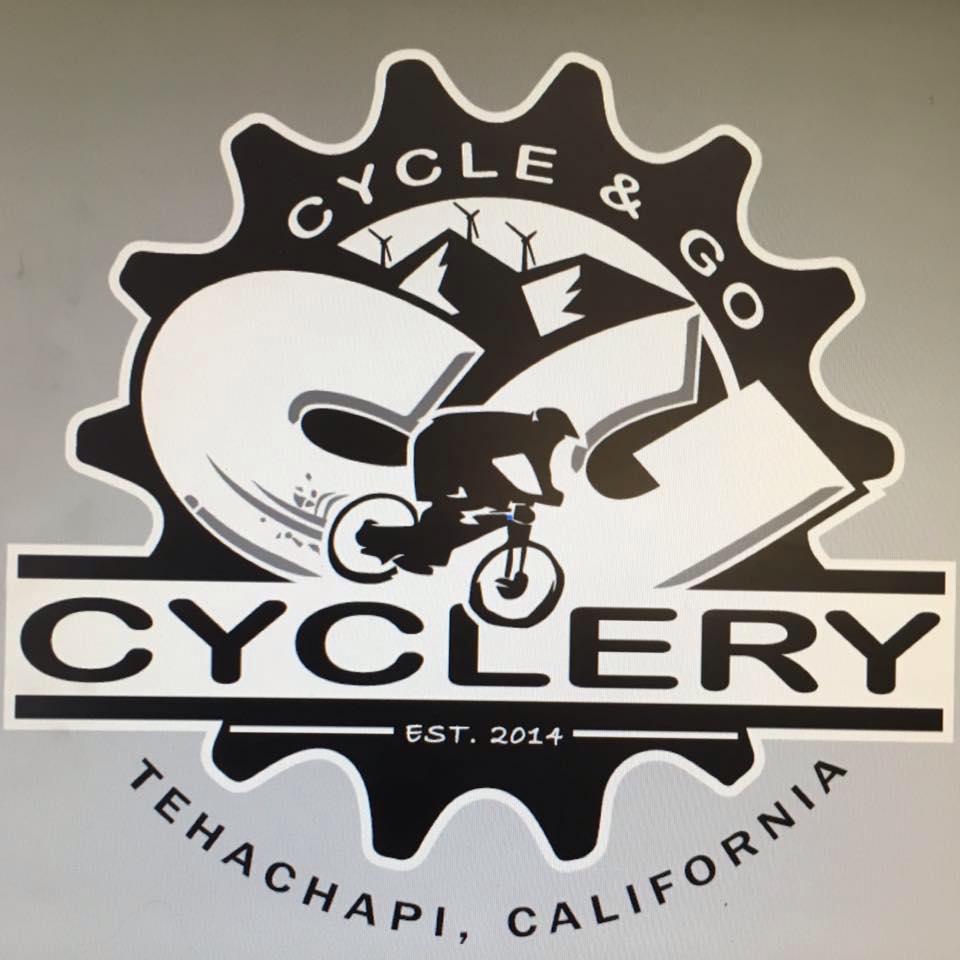 Logo of Cycle & Go Cyclery, featuring a stylized bicycle rider in action surrounded by mountains and wind turbines, with the text "CYCLE & GO" at the top and "CYCLERY" at the bottom, established in 2014, located in Tehachapi, California.