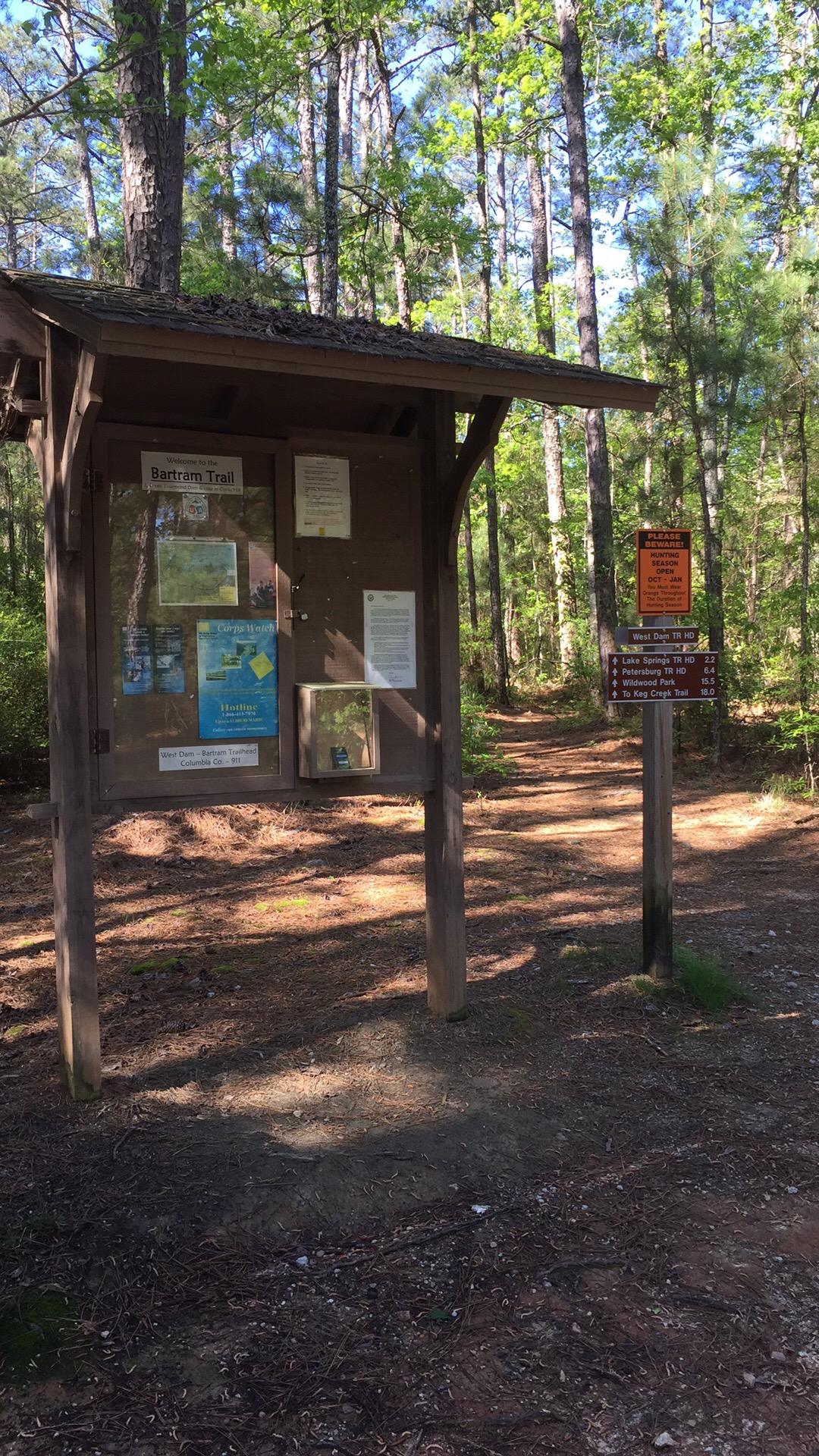 A wooden trailhead sign for the Bartram Trail is surrounded by tall trees in a forested area. The sign features information about the trail, including maps and notices. A nearby post displays directional signs and distances to various trailheads. Sunlight filters through the trees, illuminating the forest floor covered with pine needles. Bartram Trail / West Dam / Wildwood Park mountain bike trail.