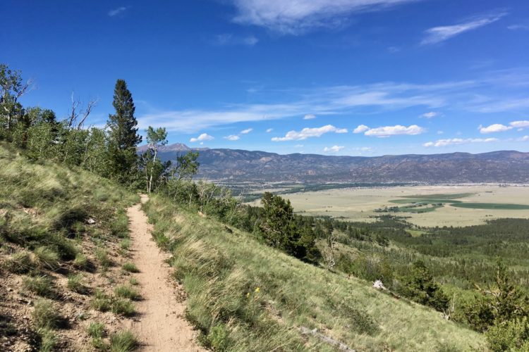 A scenic hiking trail meanders down a hillside, bordered by lush greenery and trees. In the background, expansive views of valleys and mountains are visible under a blue sky dotted with fluffy white clouds. The path is a narrow dirt trail, surrounded by patches of grass and small plants.