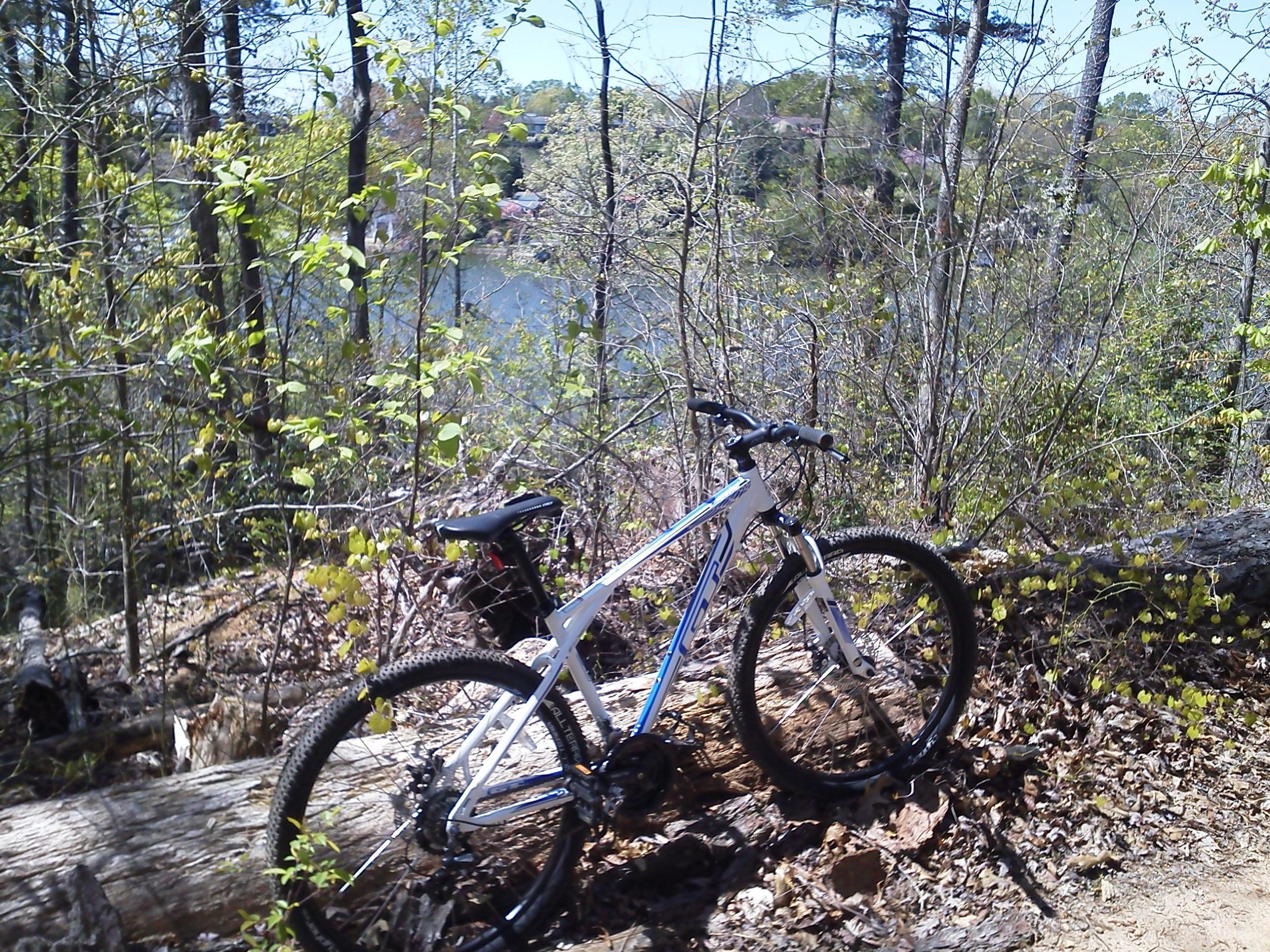 A mountain bike resting on a fallen log in a wooded area, with leafy trees and a glimpse of water in the background under a clear blue sky. Lake Hickory Trails mountain bike trail.